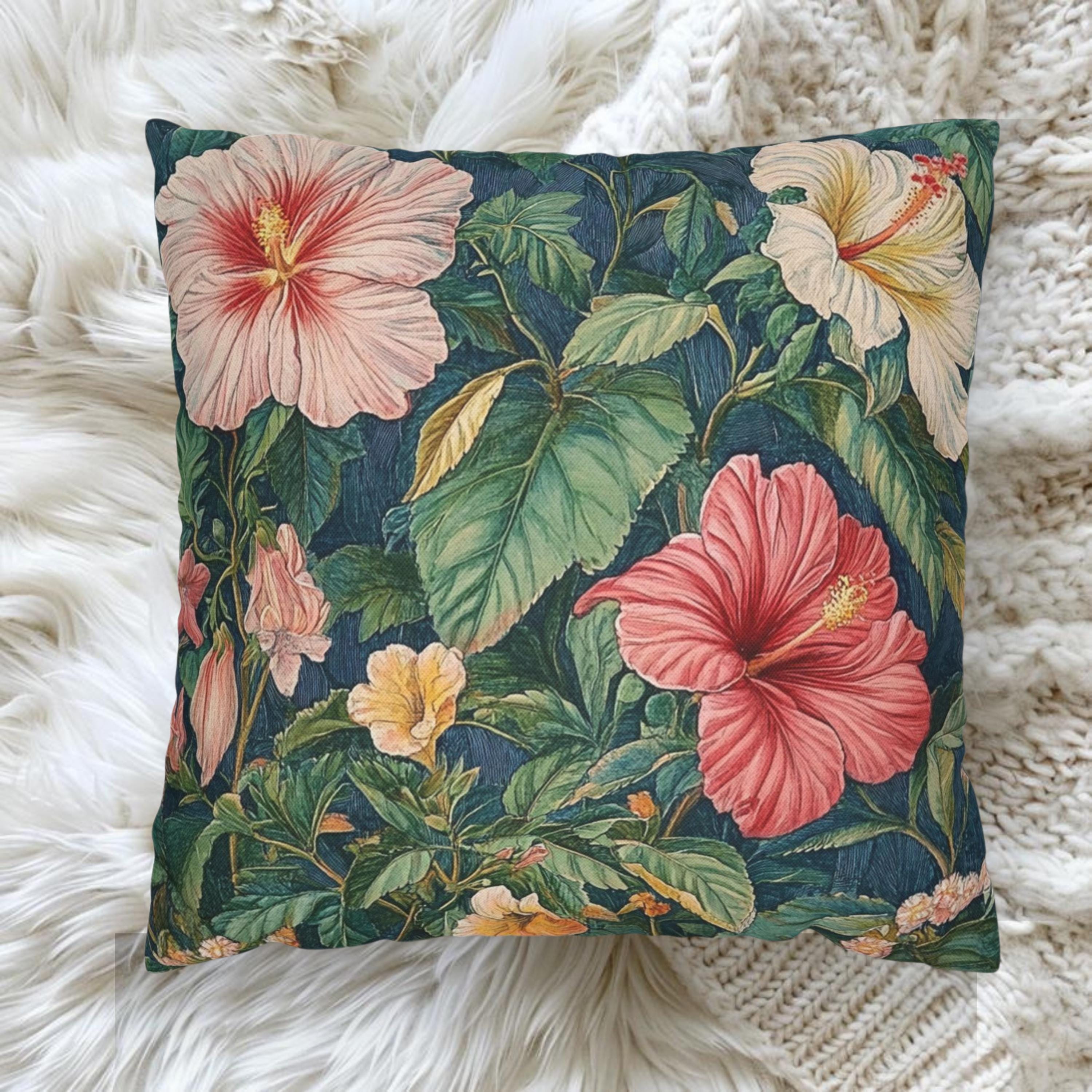 Hibiscus Floral Throw Pillow, William Morris Botanical Cushion, Tropical Garden Pillow, Vintage Inspired Home Decor, Moody Jungle Accent