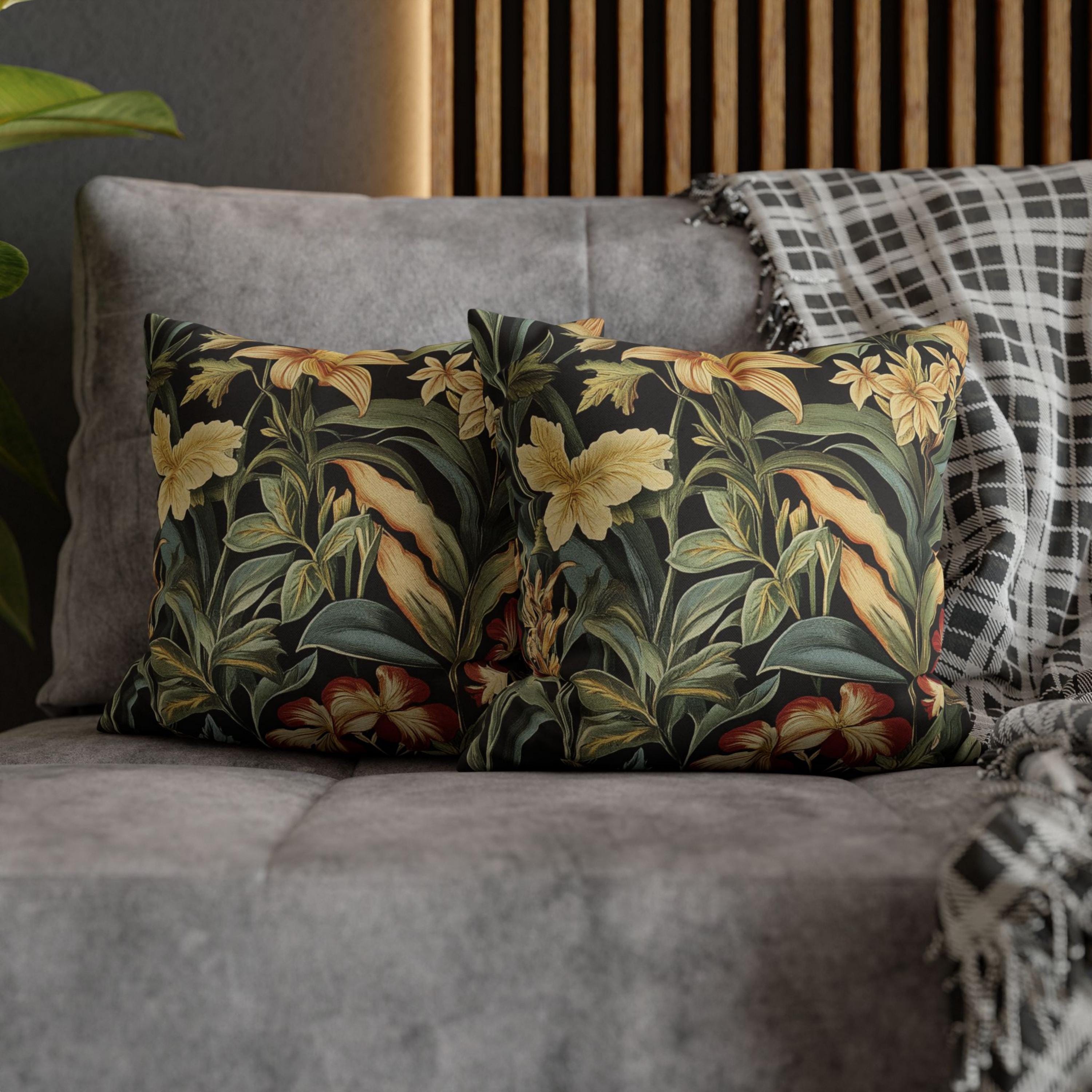 Tropical Floral Throw Pillow, William Morris Botanical Cushion Cover, Dark Garden Pillow, Vintage Inspired Home Decor, Bold Jungle Accent