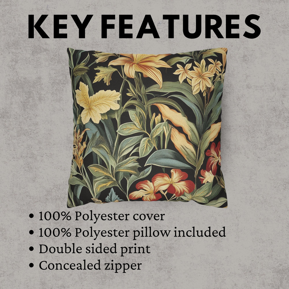 Tropical Floral Throw Pillow, William Morris Botanical Cushion Cover, Dark Garden Pillow, Vintage Inspired Home Decor, Bold Jungle Accent