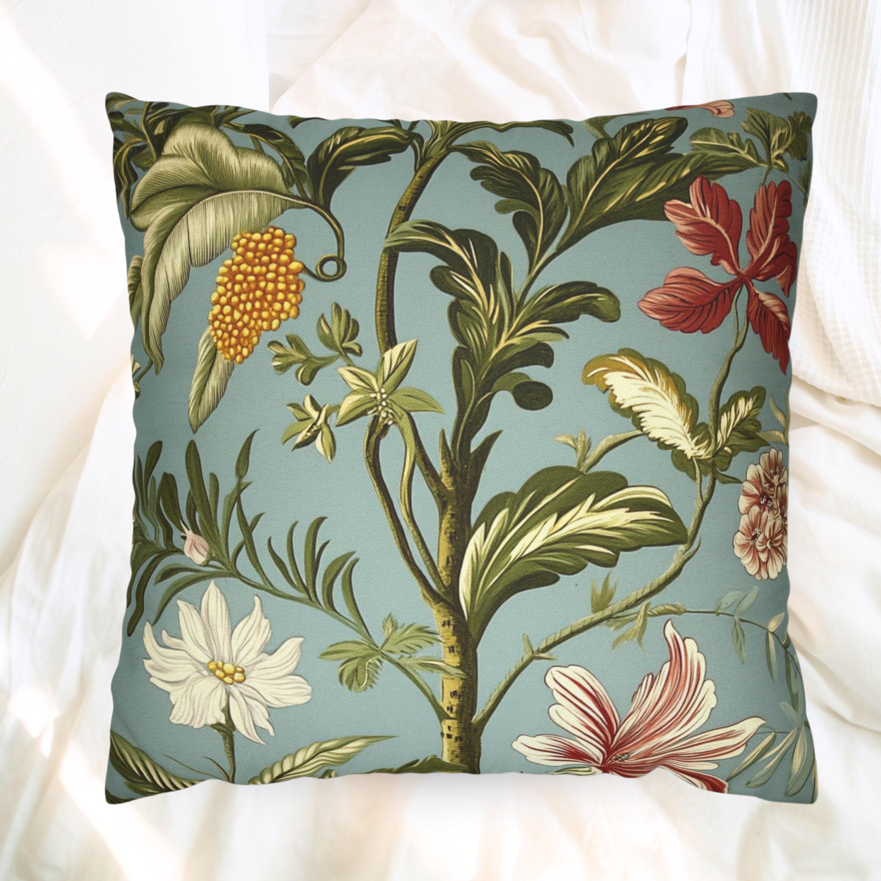 Botanical Floral Throw Pillow, William Morris Inspired Cushion Cover, Light Blue Garden Pillow, Tropical Plant Decor, Nature Art Accent