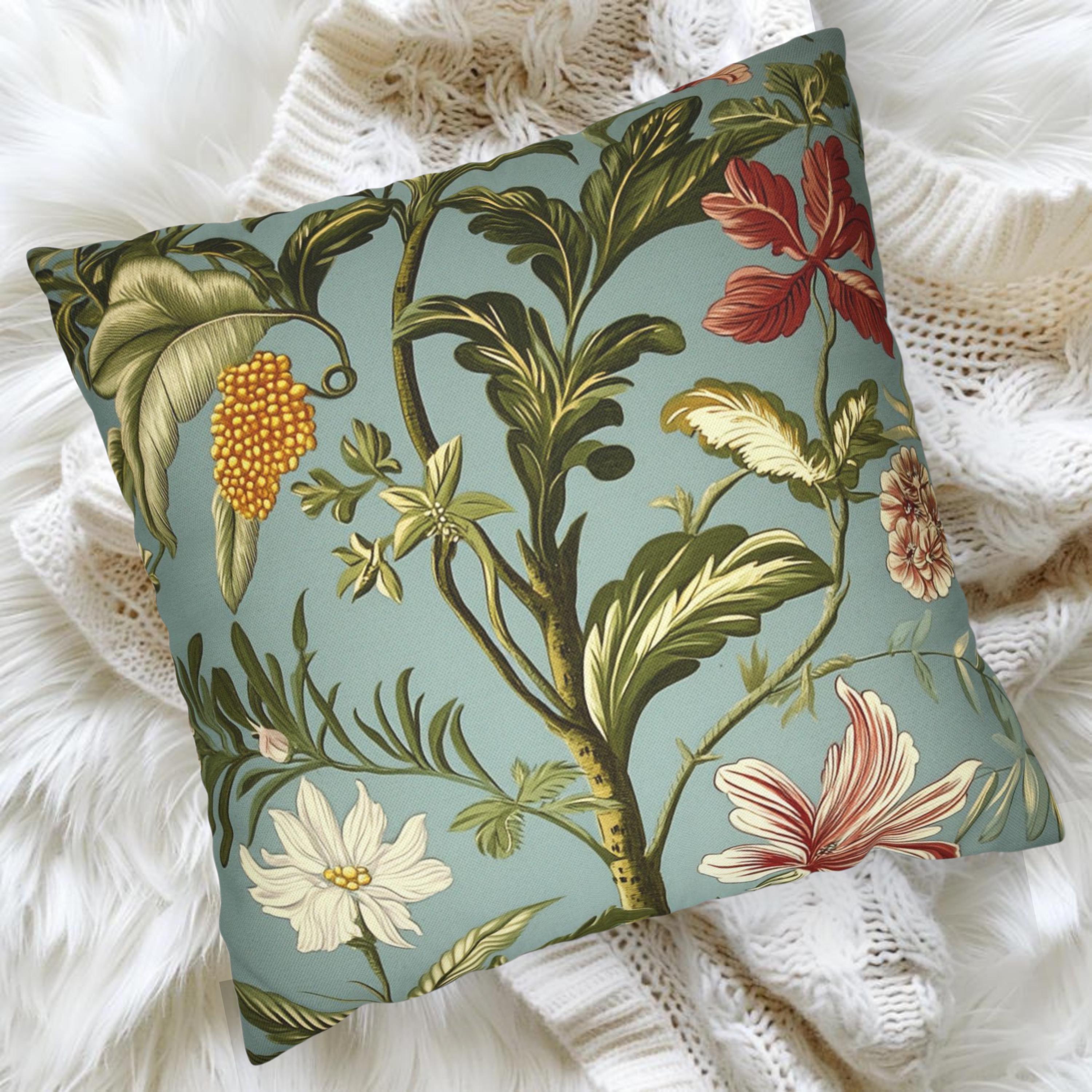 Botanical Floral Throw Pillow, William Morris Inspired Cushion Cover, Light Blue Garden Pillow, Tropical Plant Decor, Nature Art Accent