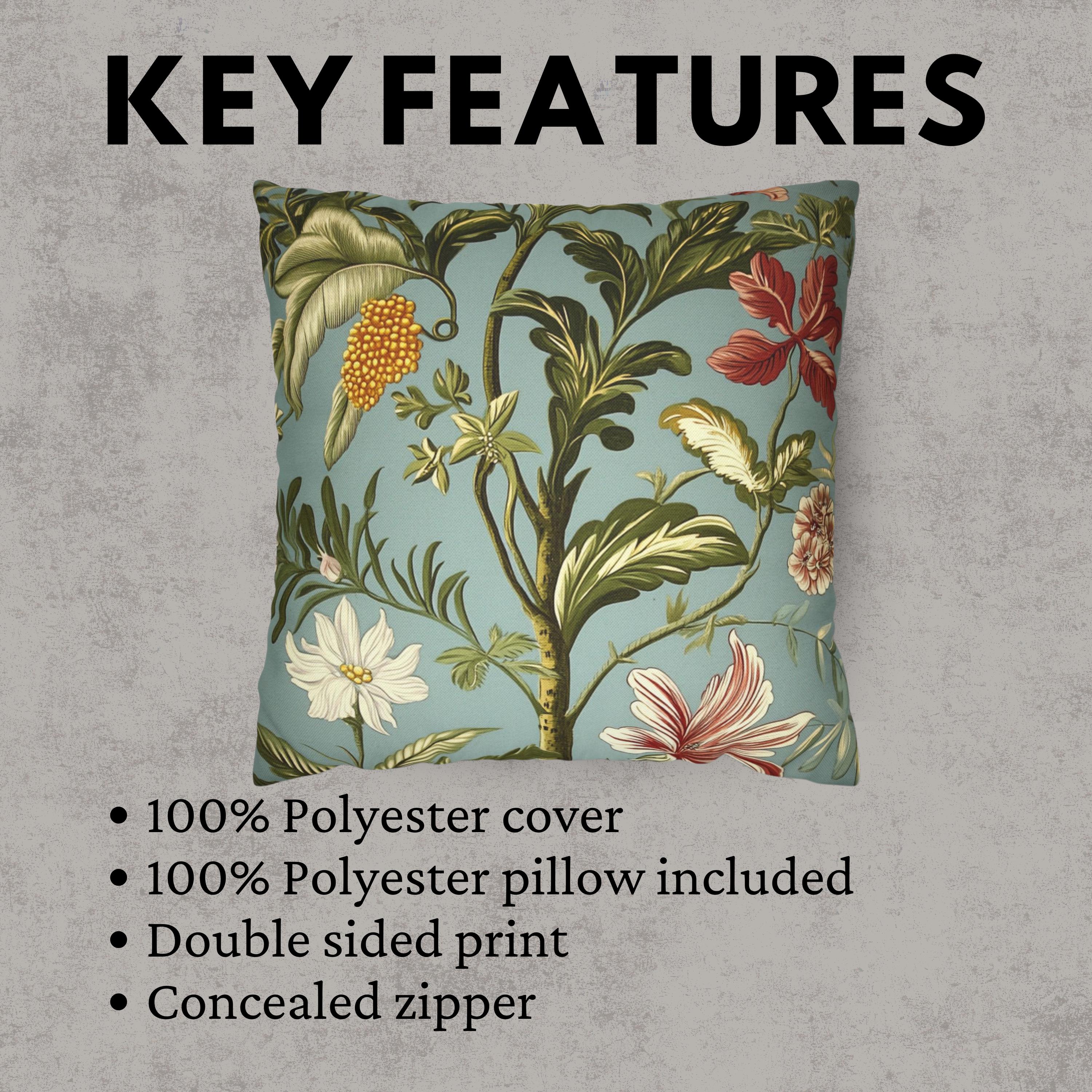 Botanical Floral Throw Pillow, William Morris Inspired Cushion Cover, Light Blue Garden Pillow, Tropical Plant Decor, Nature Art Accent