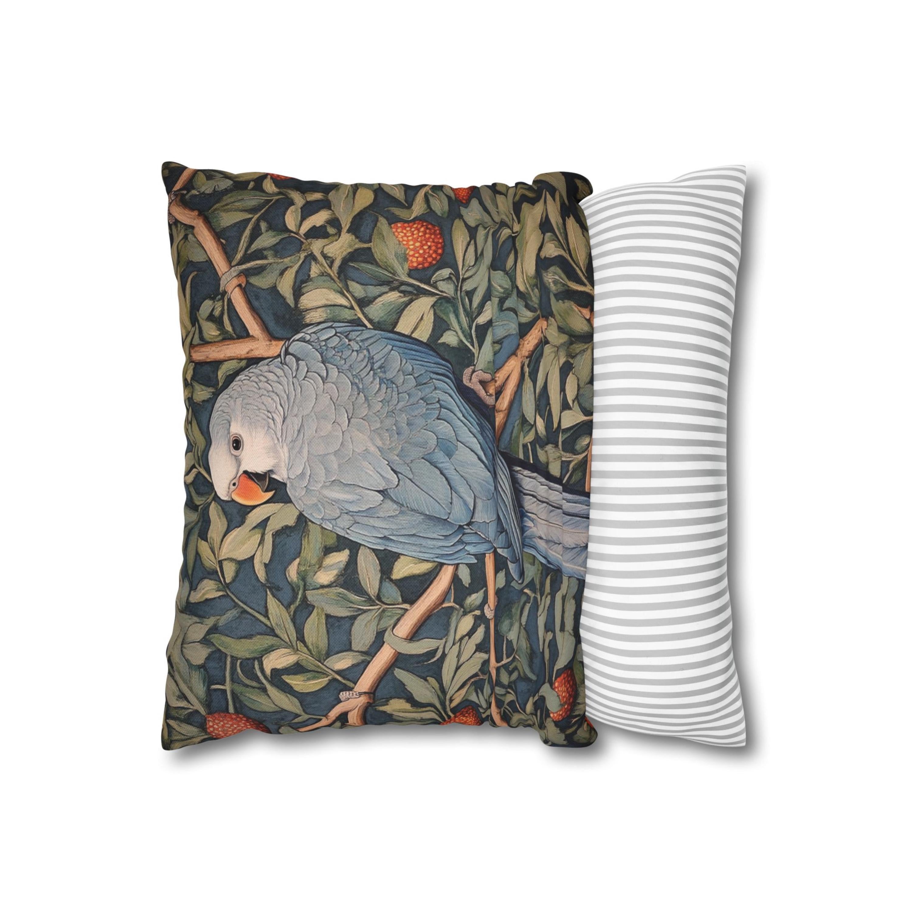 Blue Parrot Throw Pillow, Botanical Bird Cushion Cover, William Morris Inspired Jungle Decor, Artsy Tropical Leaf Accent, Nature Home Pillow
