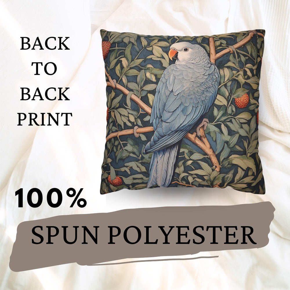 Blue Parrot Throw Pillow, Botanical Bird Cushion Cover, William Morris Inspired Jungle Decor, Artsy Tropical Leaf Accent, Nature Home Pillow