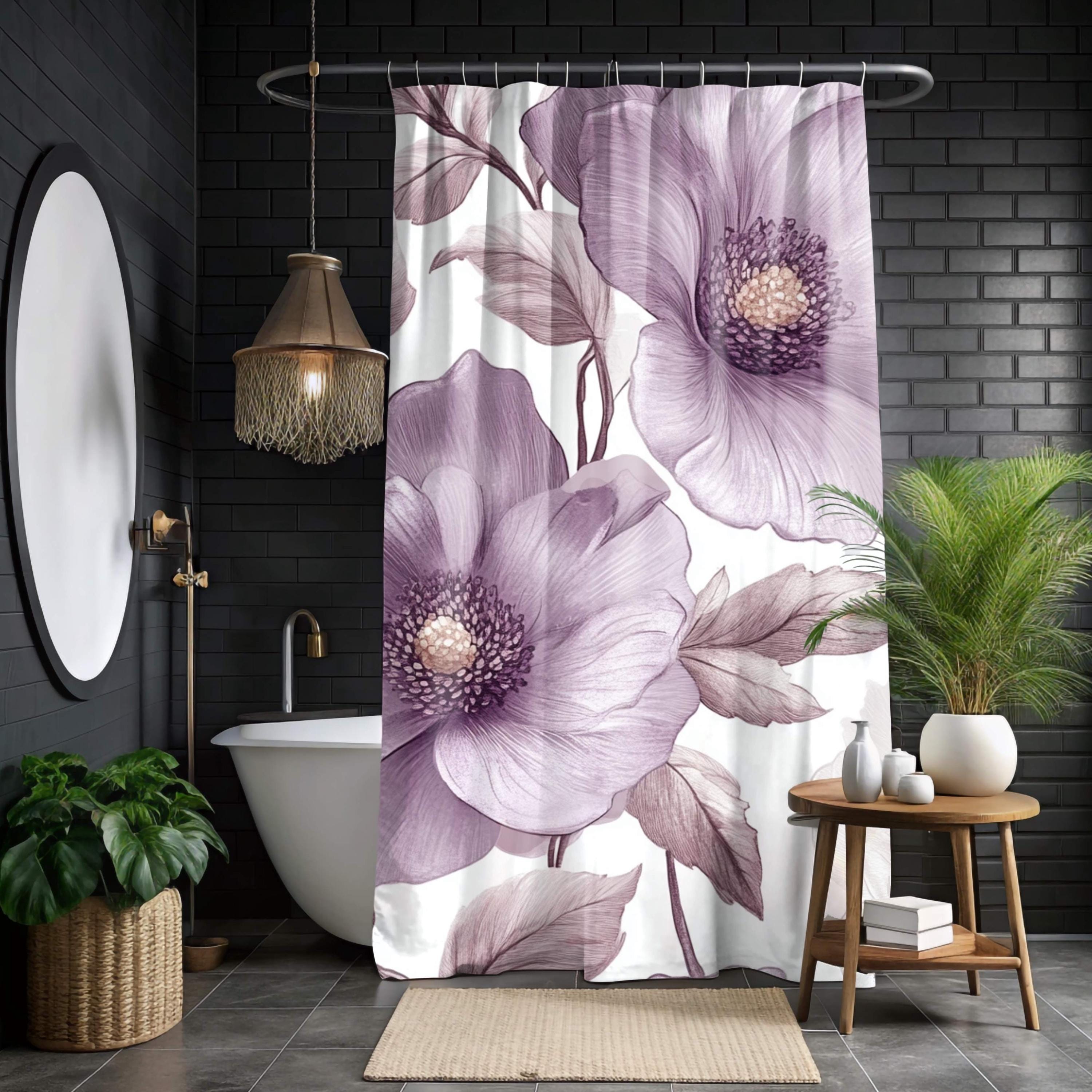 Purple Floral Shower Curtain, Oversized Botanical Bath Art, Romantic Flower Pattern Bathroom Curtain, 71x74 Inches, Moody Bloom Design