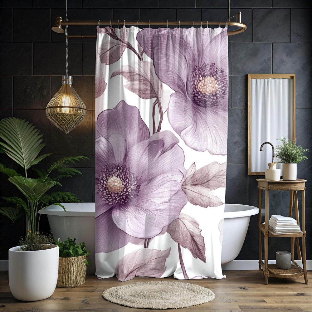 Purple Floral Shower Curtain, Oversized Botanical Bath Art, Romantic Flower Pattern Bathroom Curtain, 71x74 Inches, Moody Bloom Design