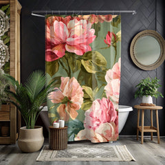 Pink Rose Floral Shower Curtain, Vintage Style Garden Bloom, Oversized Botanical Flower Print, Nature-Inspired Bathroom Curtain, 71x74