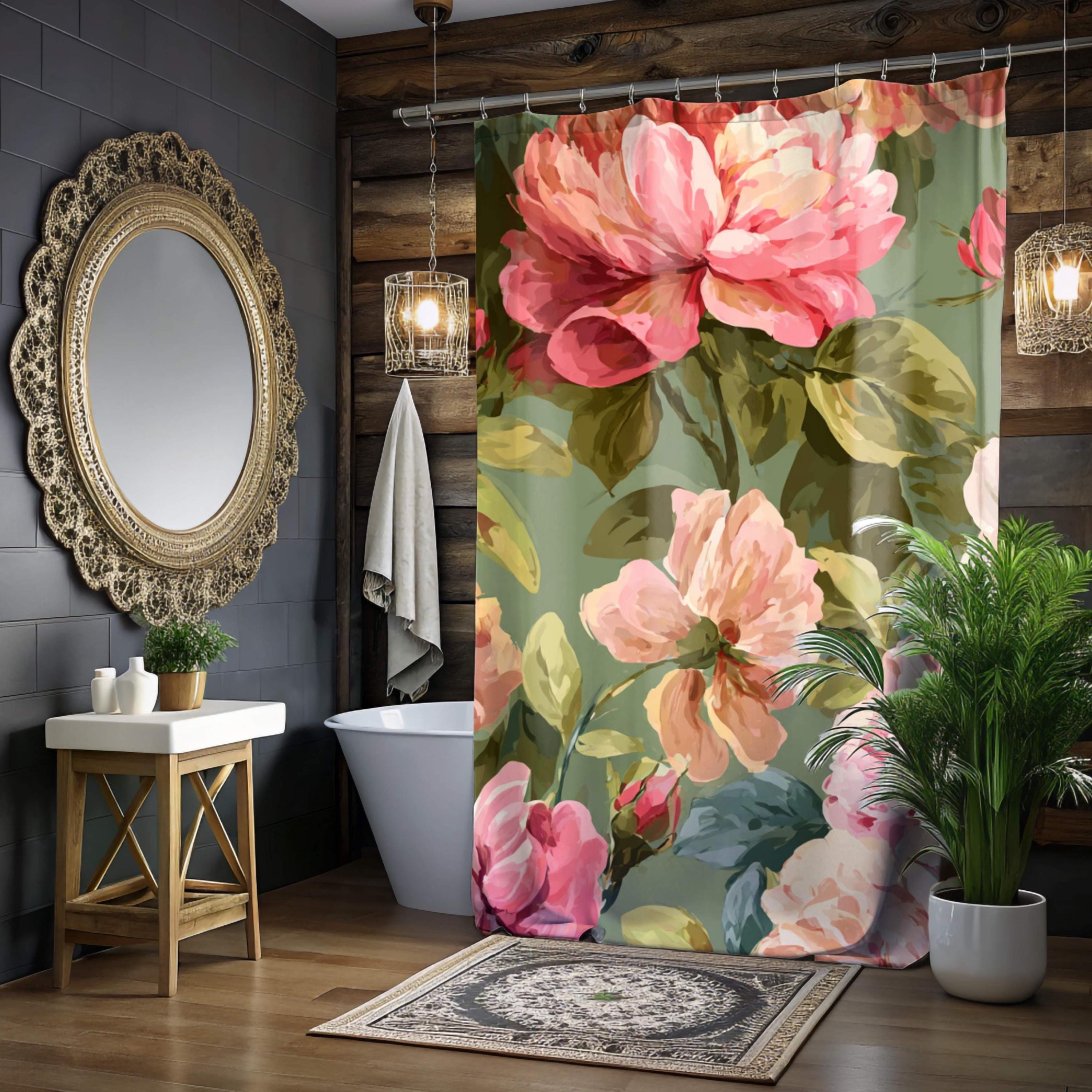 Pink Rose Floral Shower Curtain, Vintage Style Garden Bloom, Oversized Botanical Flower Print, Nature-Inspired Bathroom Curtain, 71x74