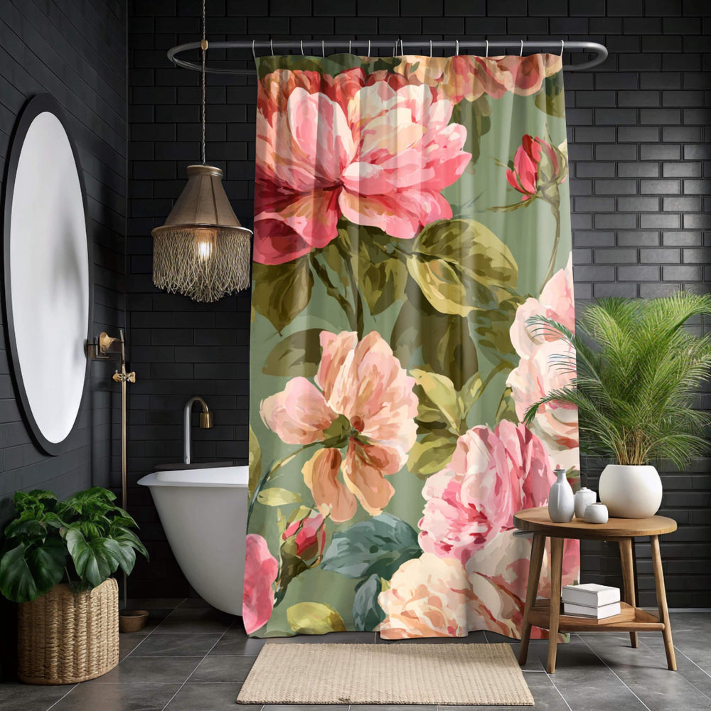 Pink Rose Floral Shower Curtain, Vintage Style Garden Bloom, Oversized Botanical Flower Print, Nature-Inspired Bathroom Curtain, 71x74