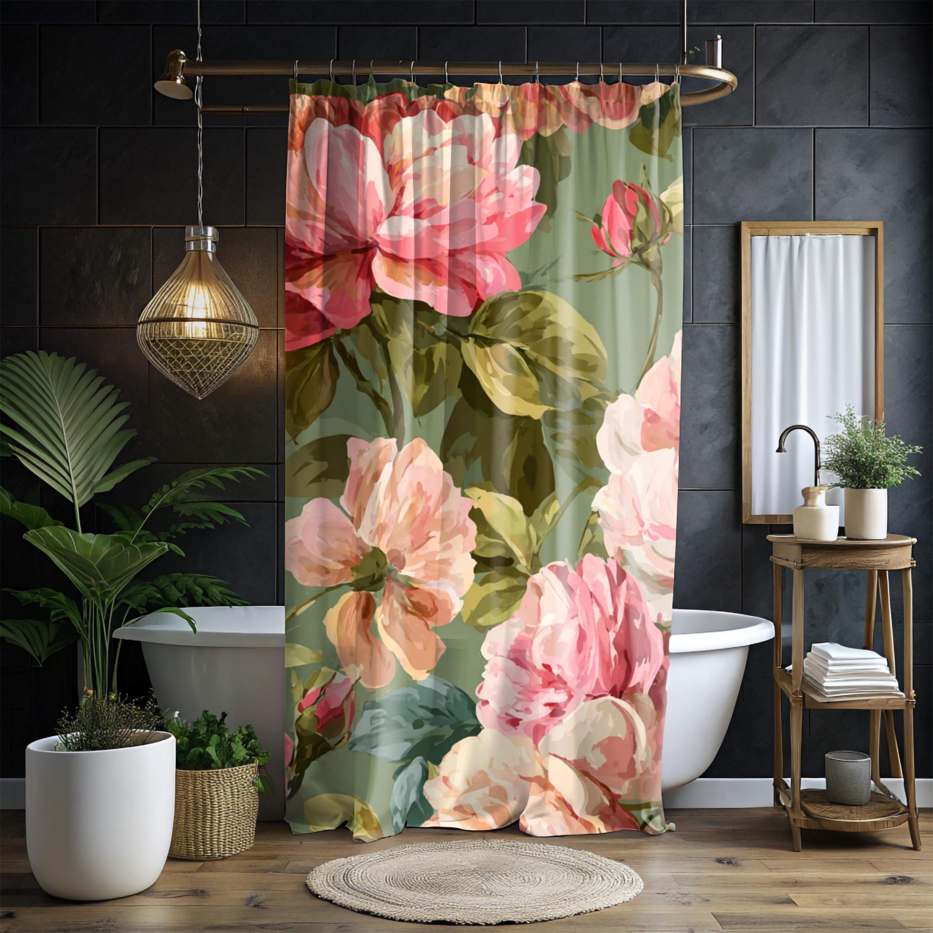 Pink Rose Floral Shower Curtain, Vintage Style Garden Bloom, Oversized Botanical Flower Print, Nature-Inspired Bathroom Curtain, 71x74