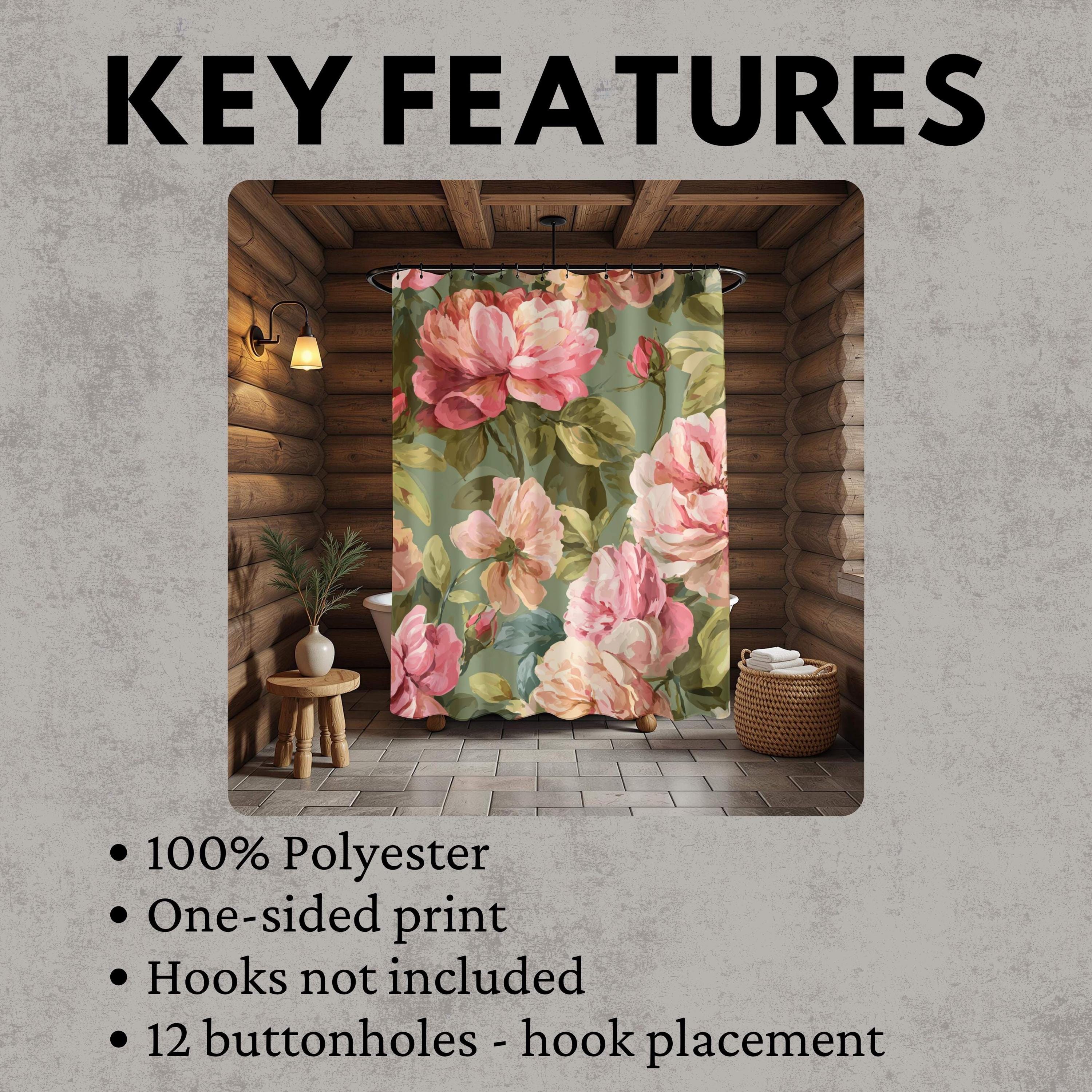 Pink Rose Floral Shower Curtain, Vintage Style Garden Bloom, Oversized Botanical Flower Print, Nature-Inspired Bathroom Curtain, 71x74