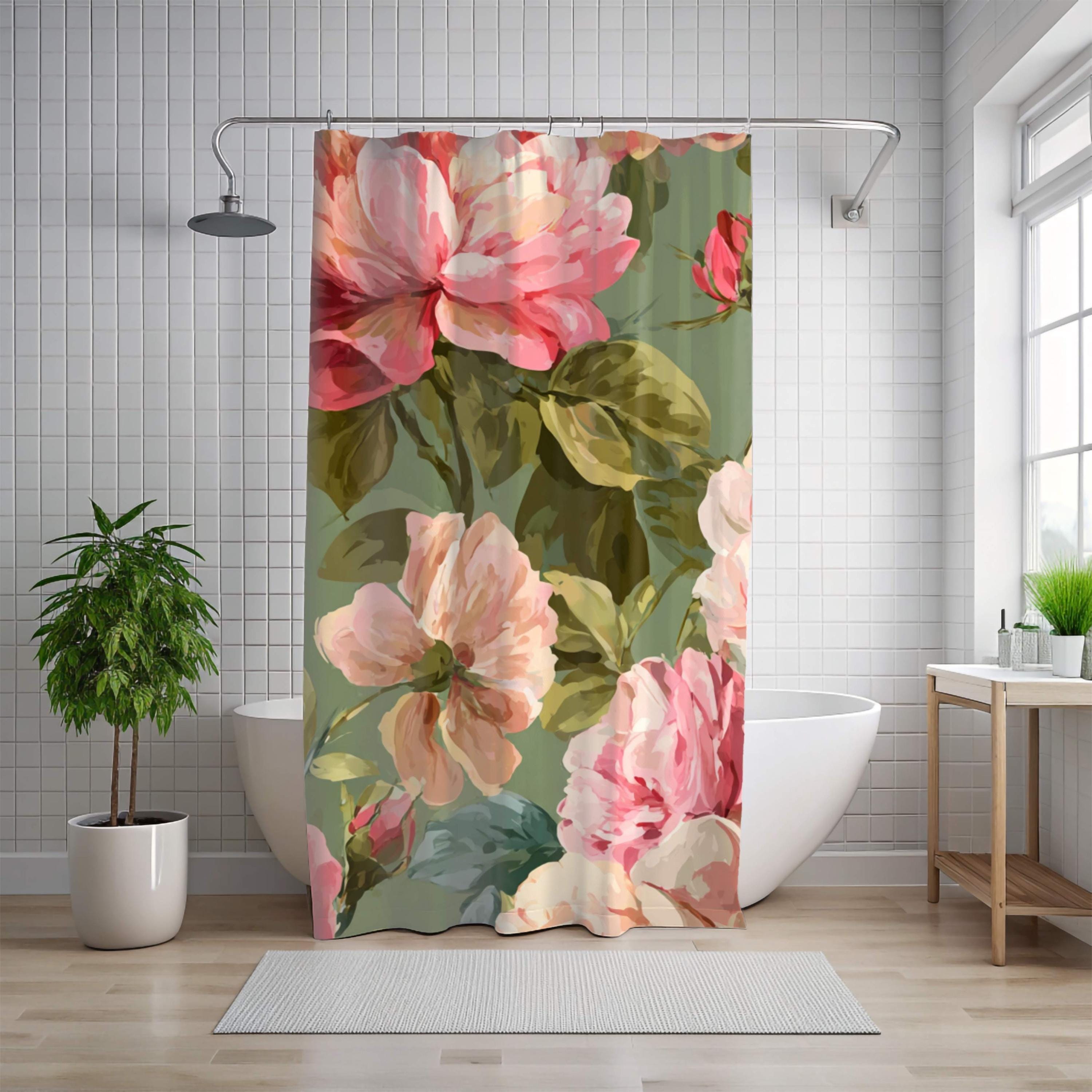 Pink Rose Floral Shower Curtain, Vintage Style Garden Bloom, Oversized Botanical Flower Print, Nature-Inspired Bathroom Curtain, 71x74