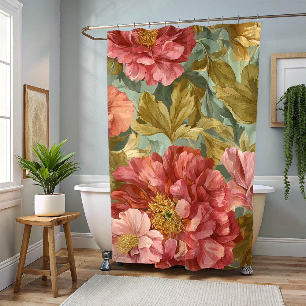 Peony Shower Curtain, Oversized Bloom Print, Olive Leaves Vibrant Botanical Bathroom Decor, Floral Pattern Fabric Curtain, 71x74