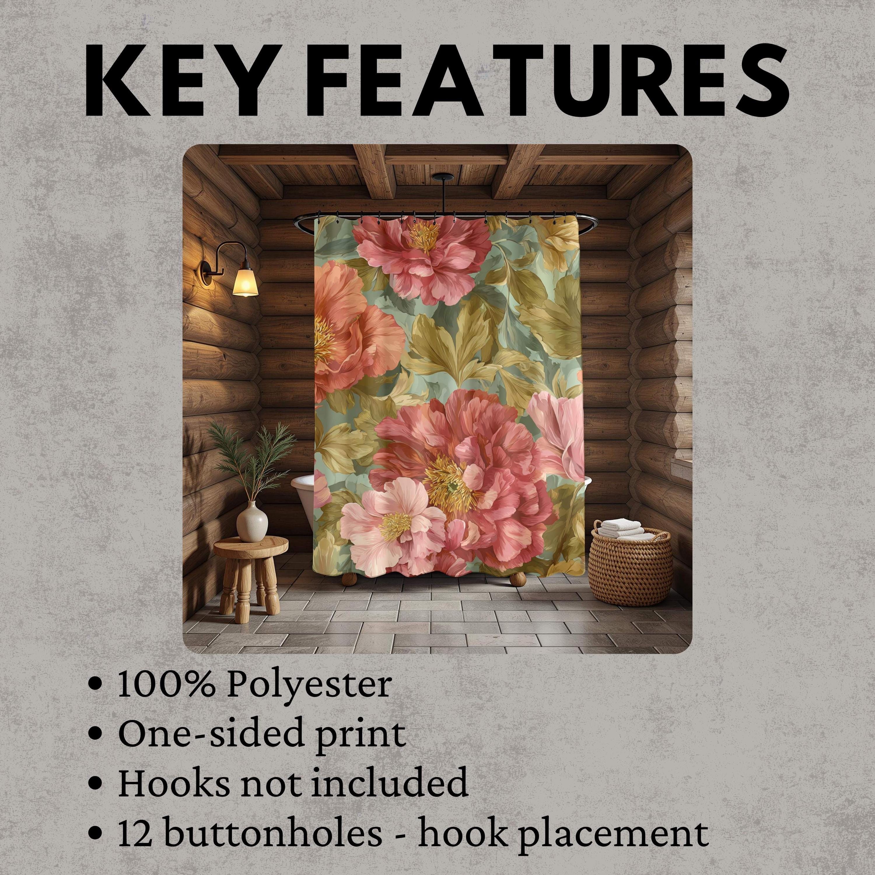 Peony Shower Curtain, Oversized Bloom Print, Olive Leaves Vibrant Botanical Bathroom Decor, Floral Pattern Fabric Curtain, 71x74