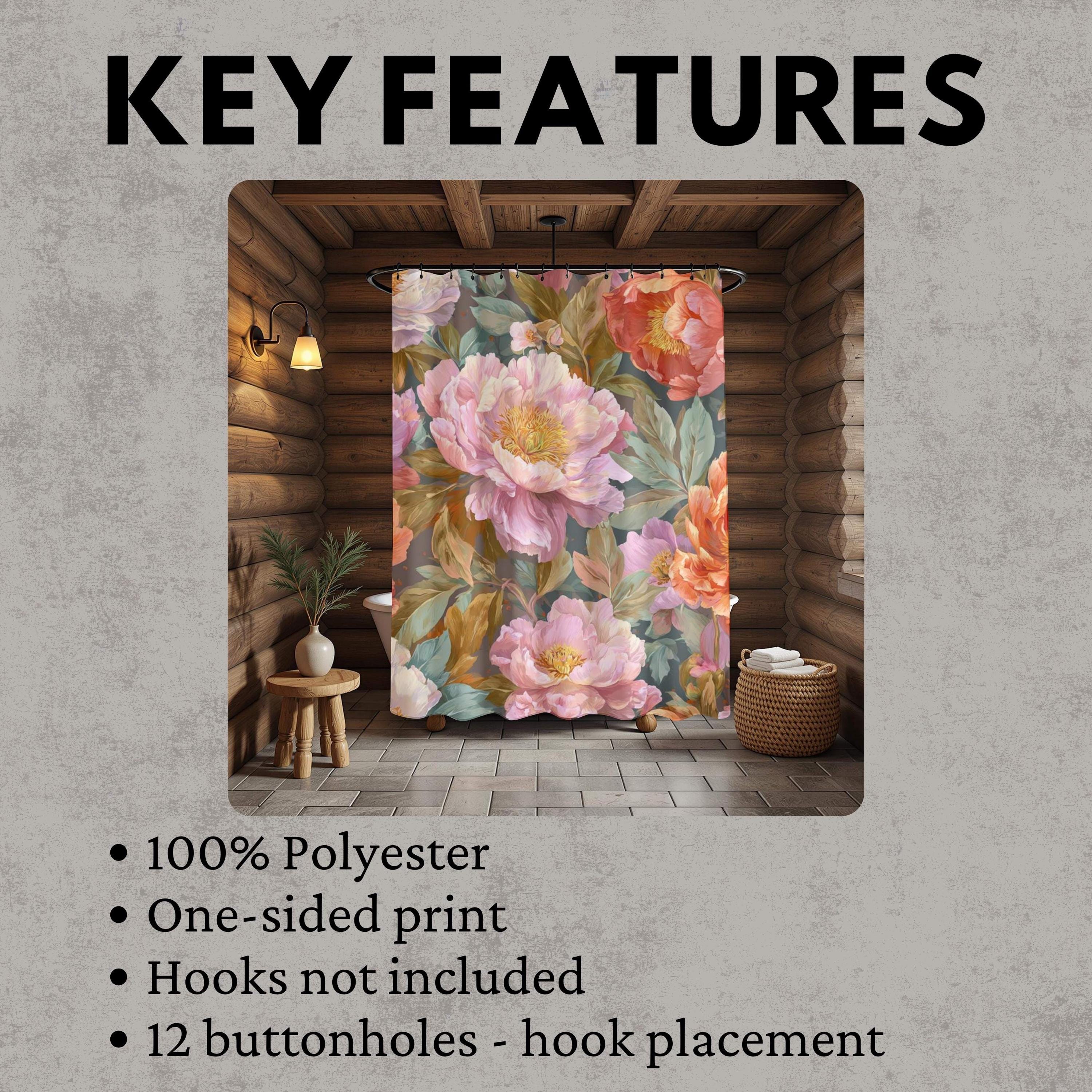 Botanical Flower Shower Curtain, Vintage Style Garden Bloom, Oversized Pink Rose Floral Print, Nature-Inspired Bathroom Curtain, 71x74