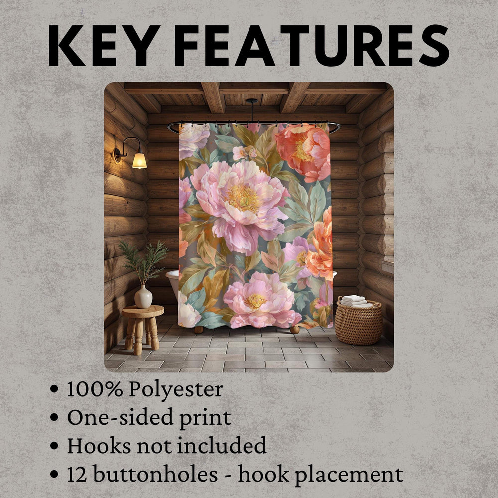 Botanical Flower Shower Curtain, Vintage Style Garden Bloom, Oversized Pink Rose Floral Print, Nature-Inspired Bathroom Curtain, 71x74