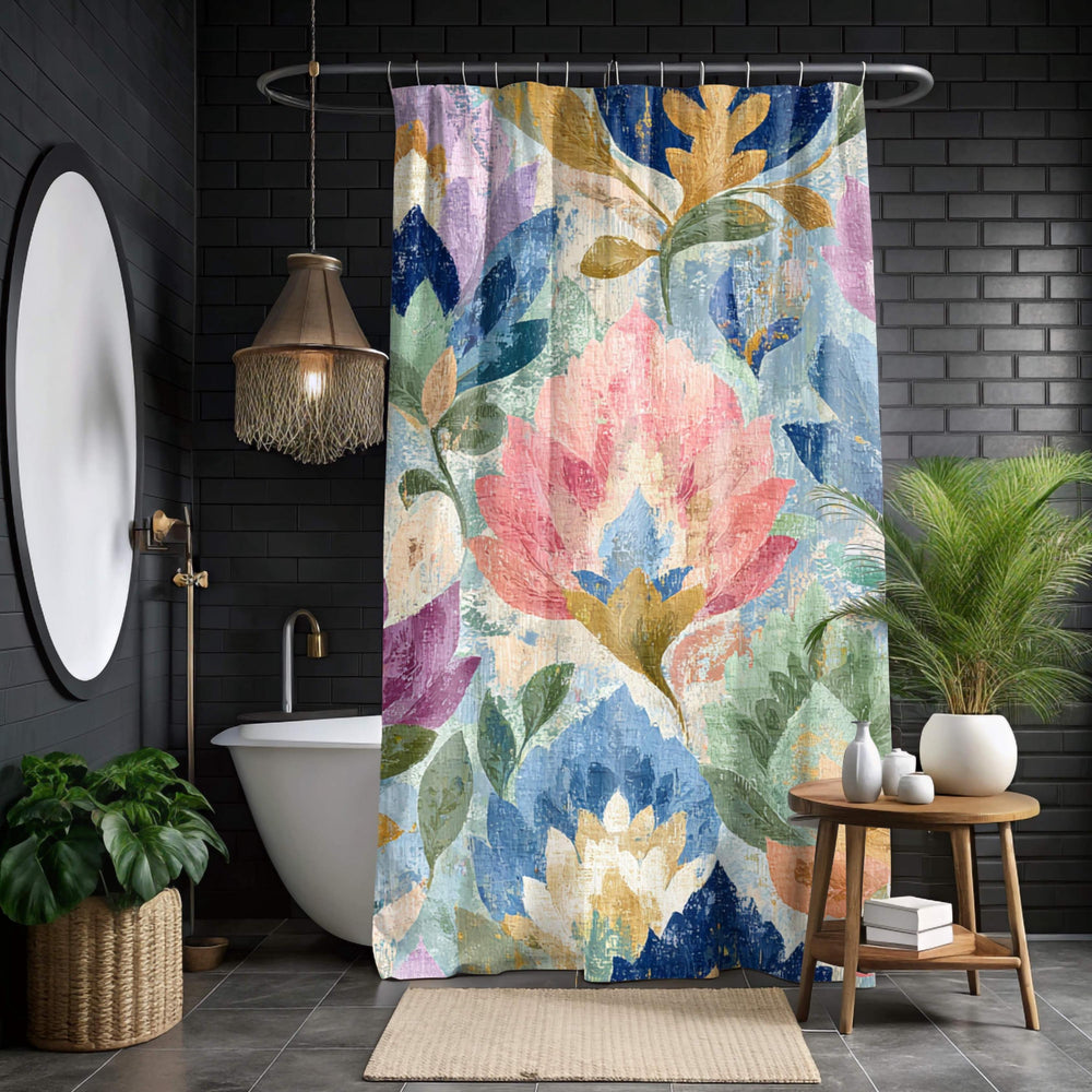 Boho Woven Floral Shower Curtain, Watercolor Flower Textile Style 71x74, Vintage Botanical Bathroom Art, Colorful Cottagecore Bath Decor
