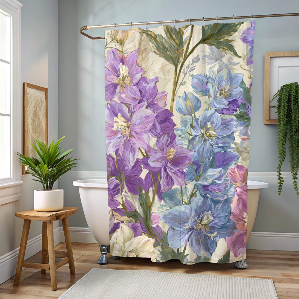 Lavender Wildflower Shower Curtain, Botanical Watercolor Blue Floral Design, Romantic Country Cottage Bathroom Curtain 71x74