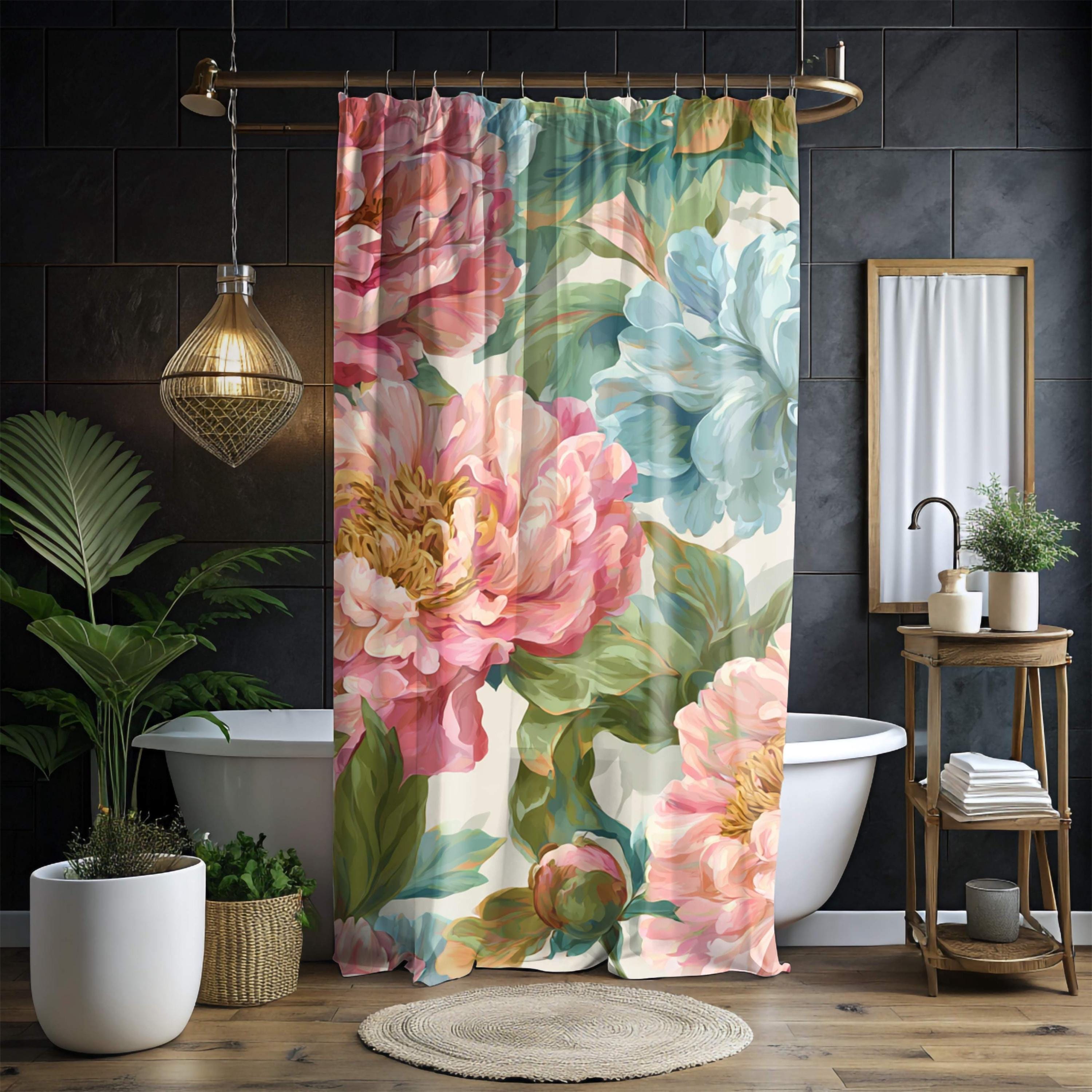 Peony Garden Shower Curtain, Blush Pink and Blue Floral Bathroom Art, Romantic Large Flower Print Curtain for Bath 71x74
