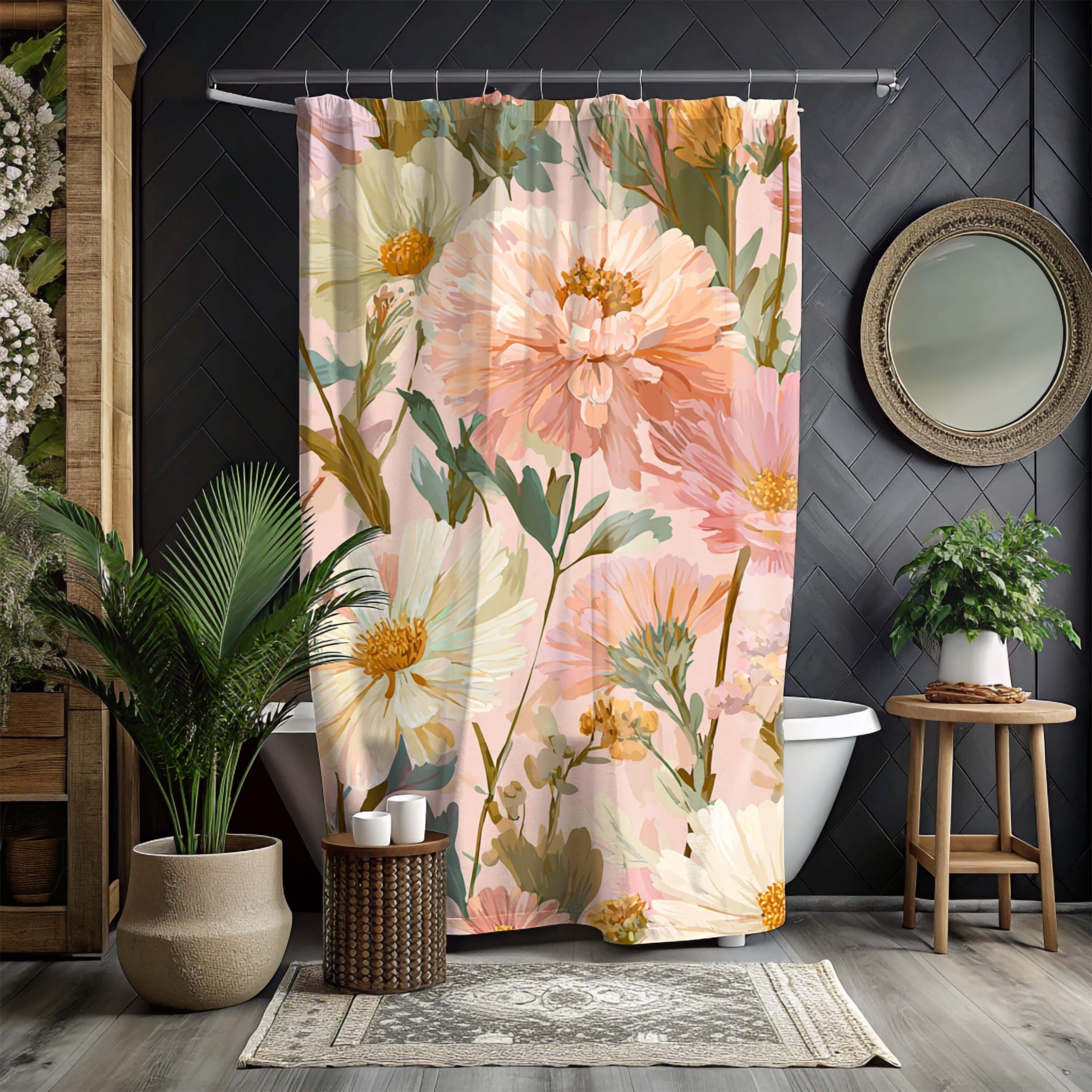Peach Wildflower Shower Curtain, Summer Garden Floral Bathroom Decor, Pastel Boho Botanical Curtain, Nature-Inspired Bathroom Curtain 71x74