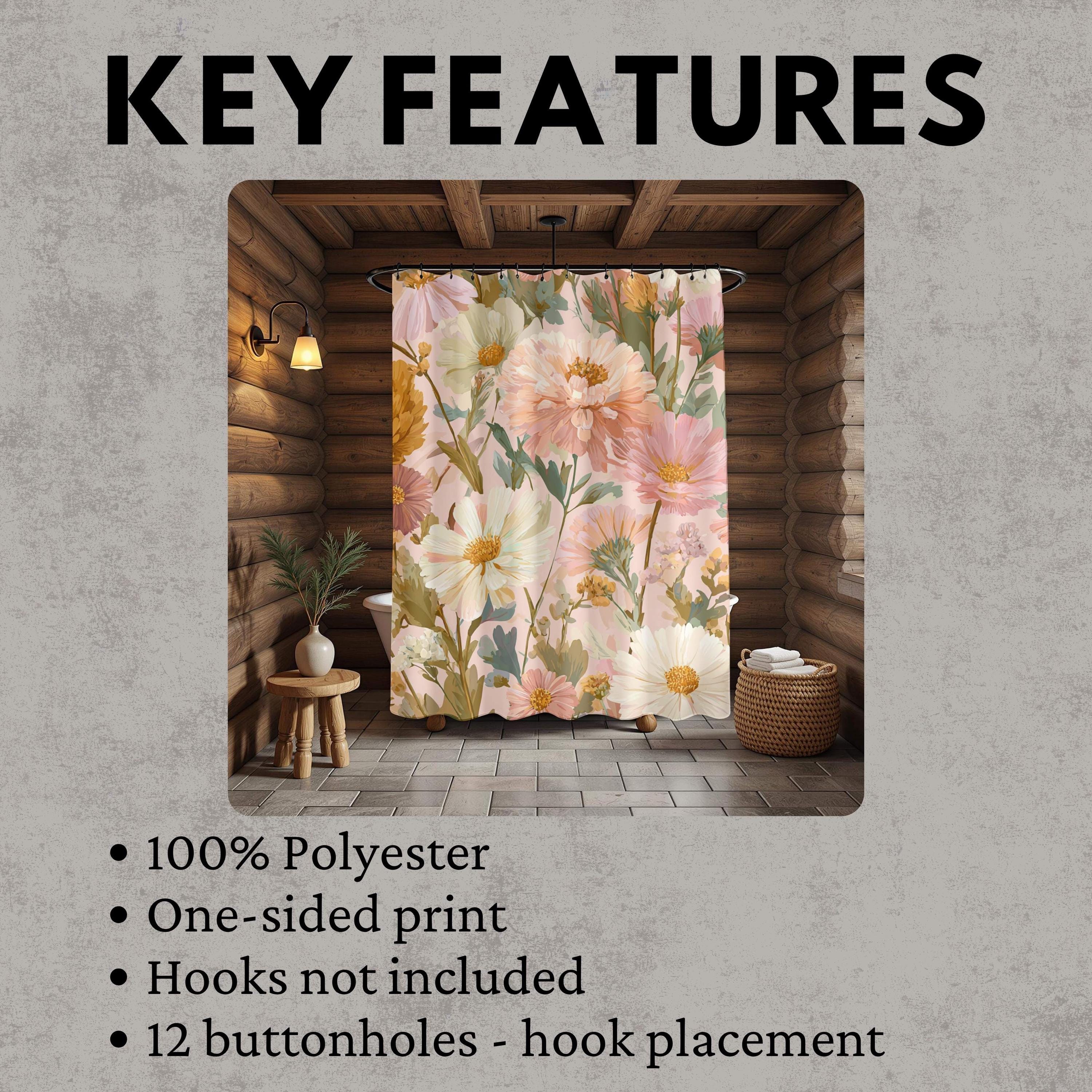Peach Wildflower Shower Curtain, Summer Garden Floral Bathroom Decor, Pastel Boho Botanical Curtain, Nature-Inspired Bathroom Curtain 71x74