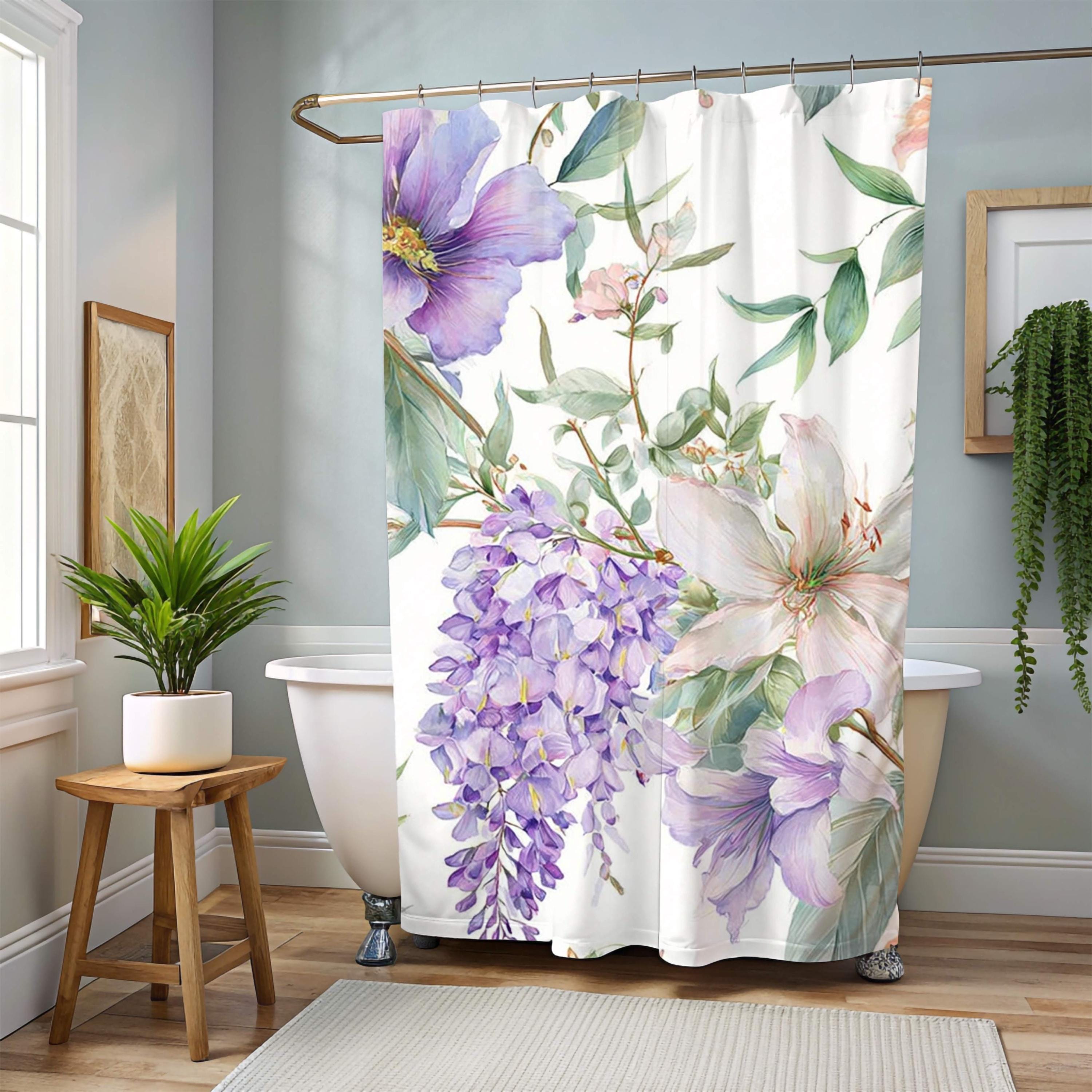 Floral Shower Curtain, Purple Wildflower Botanical Art, Watercolor Garden Blooms Fabric Bath Curtain 71x74, Wisteria Shower Curtain