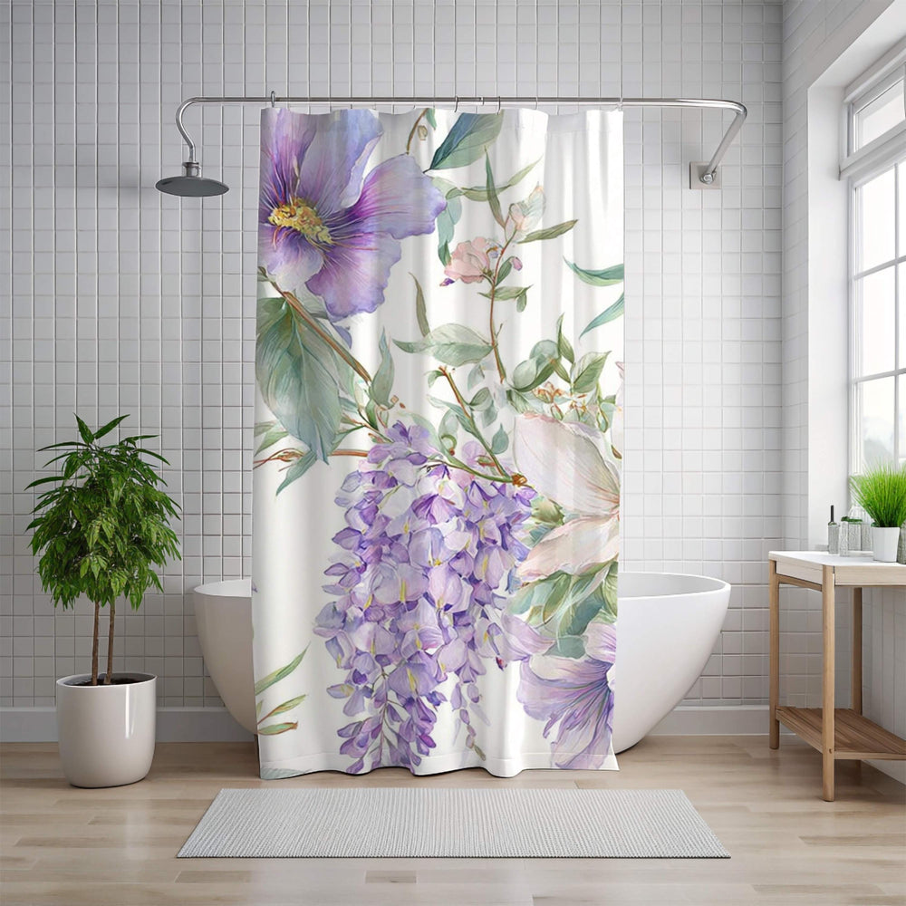 Floral Shower Curtain, Purple Wildflower Botanical Art, Watercolor Garden Blooms Fabric Bath Curtain 71x74, Wisteria Shower Curtain