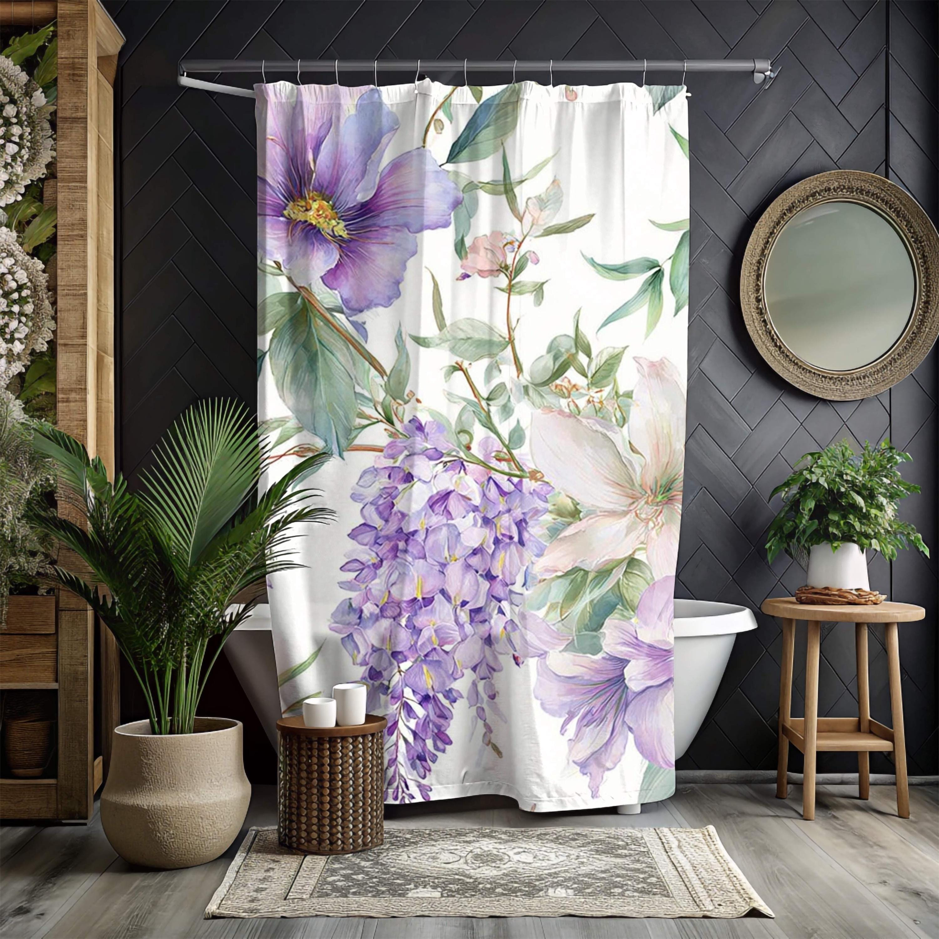 Floral Shower Curtain, Purple Wildflower Botanical Art, Watercolor Garden Blooms Fabric Bath Curtain 71x74, Wisteria Shower Curtain