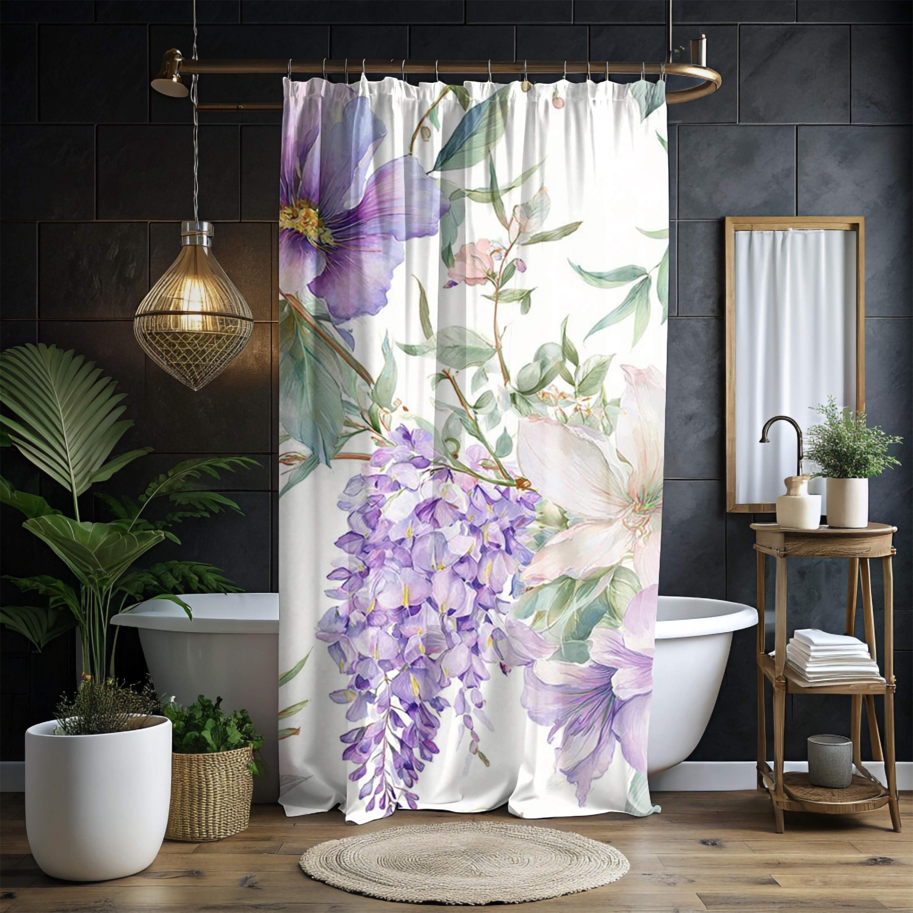 Floral Shower Curtain, Purple Wildflower Botanical Art, Watercolor Garden Blooms Fabric Bath Curtain 71x74, Wisteria Shower Curtain