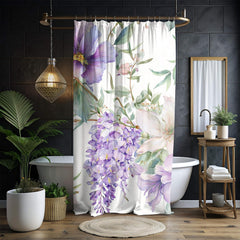 Floral Shower Curtain, Purple Wildflower Botanical Art, Watercolor Garden Blooms Fabric Bath Curtain 71x74, Wisteria Shower Curtain