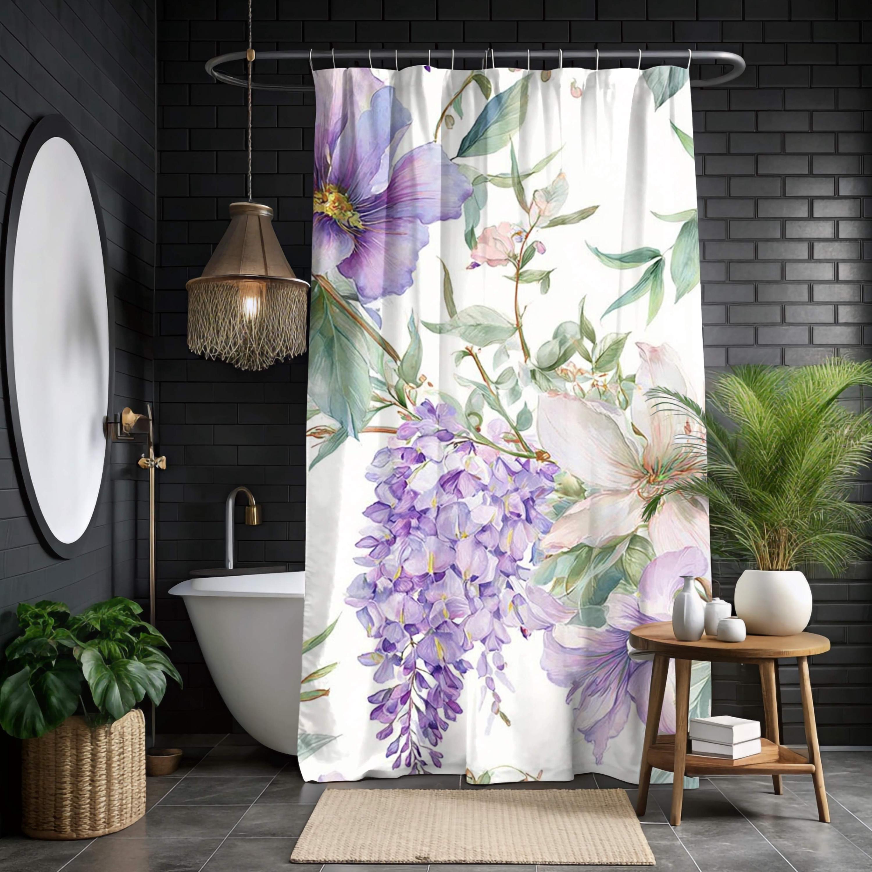 Floral Shower Curtain, Purple Wildflower Botanical Art, Watercolor Garden Blooms Fabric Bath Curtain 71x74, Wisteria Shower Curtain