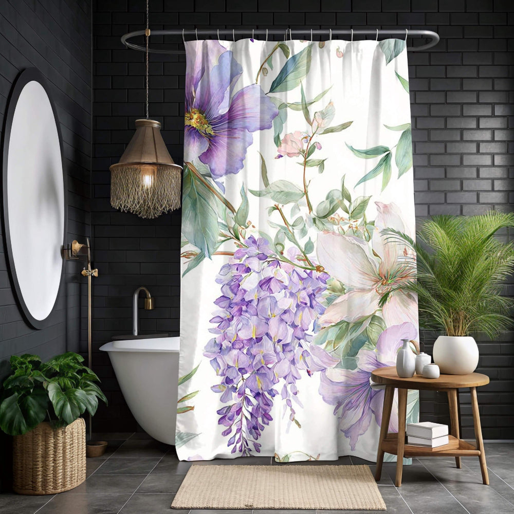 Floral Shower Curtain, Purple Wildflower Botanical Art, Watercolor Garden Blooms Fabric Bath Curtain 71x74, Wisteria Shower Curtain