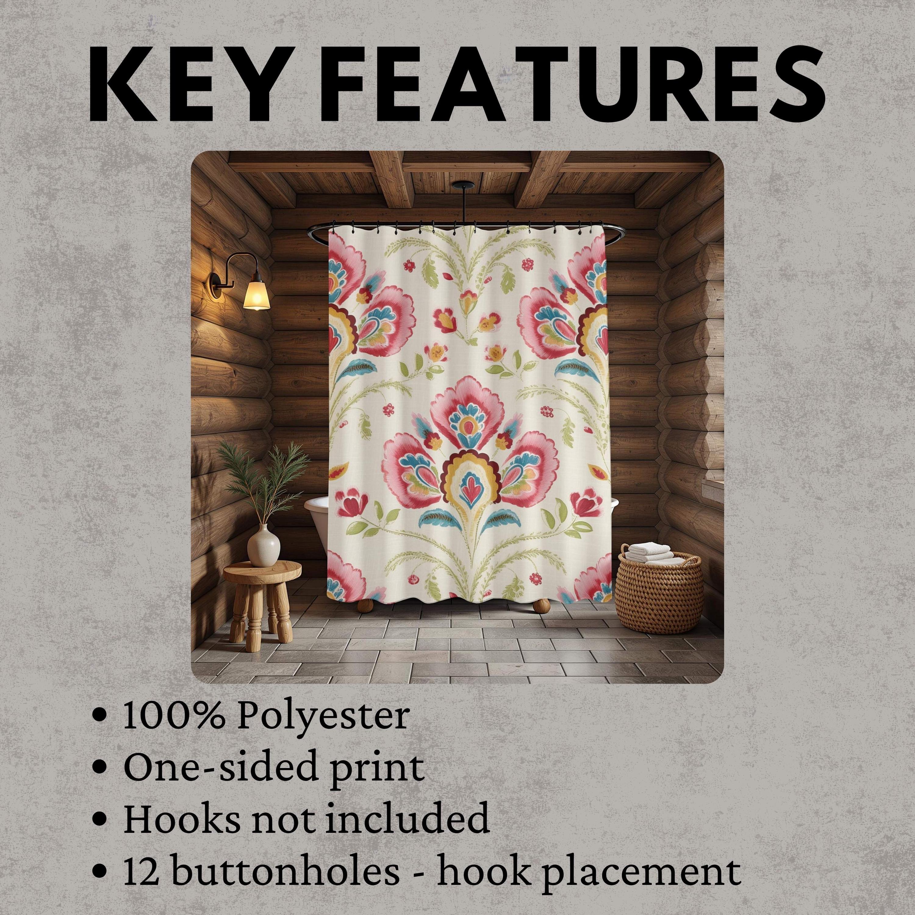 Folk Floral Shower Curtain, Boho Garden Print With Bold Flowers, Colorful Vintage-Inspired Art Fabric Curtain For Bathroom 71x74
