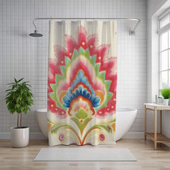 Boho Garden Print Shower Curtain, Folk Floral Decor Bold Flowers Curtain, Colorful Vintage-Inspired Art Fabric Curtain For Bathroom 71x74