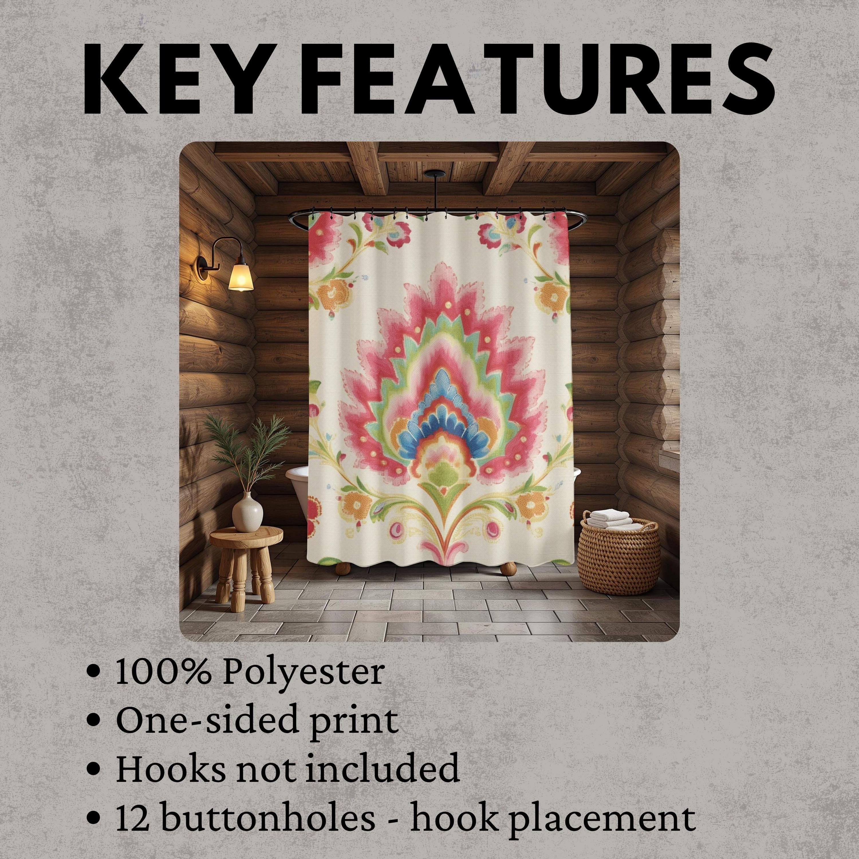 Boho Garden Print Shower Curtain, Folk Floral Decor Bold Flowers Curtain, Colorful Vintage-Inspired Art Fabric Curtain For Bathroom 71x74
