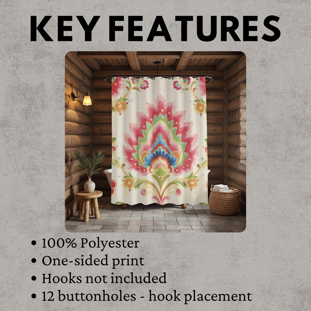 Boho Garden Print Shower Curtain, Folk Floral Decor Bold Flowers Curtain, Colorful Vintage-Inspired Art Fabric Curtain For Bathroom 71x74