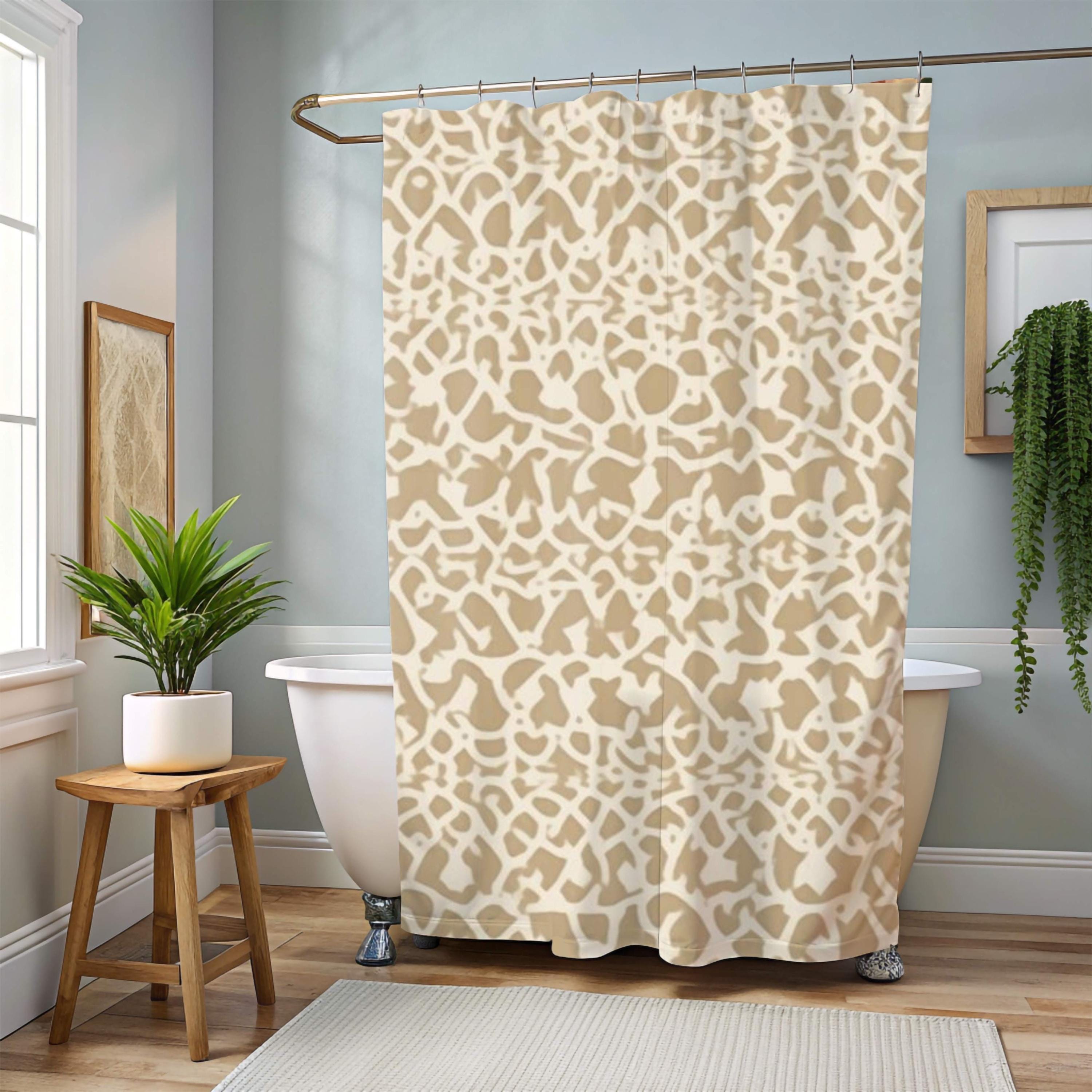 Beige Tribal Damask Shower Curtain, Neutral Ikat Pattern Bath Decor, Minimal Global Print Fabric Curtain For Modern Natural Bathroom 71x74