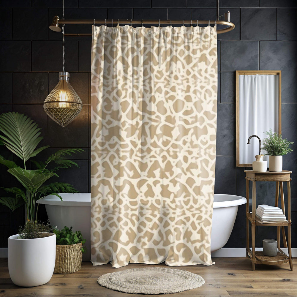 Beige Tribal Damask Shower Curtain, Neutral Ikat Pattern Bath Decor, Minimal Global Print Fabric Curtain For Modern Natural Bathroom 71x74