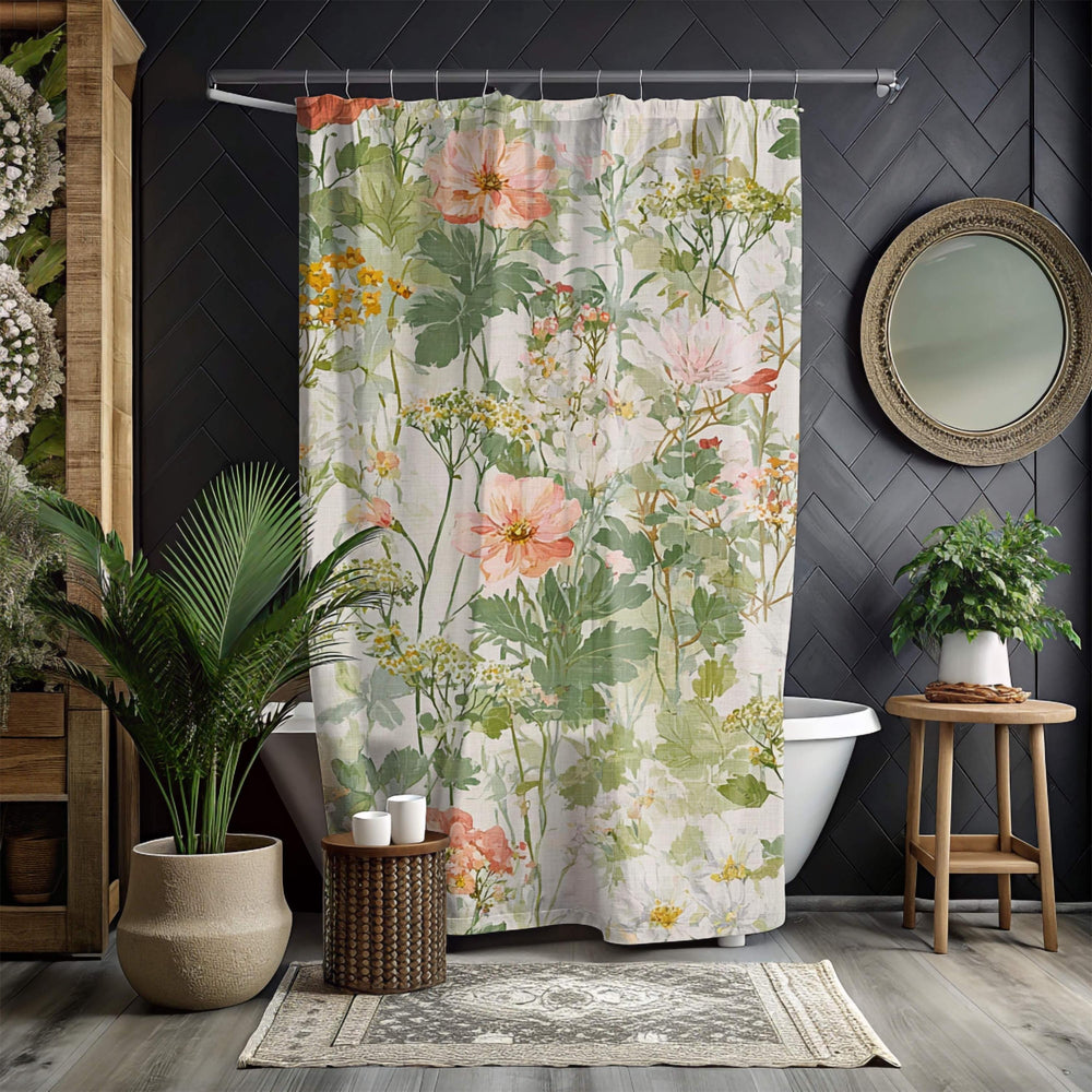 Wildflower Garden Shower Curtain, Field Floral Bath Curtain, Botanical Meadow Print Bathroom Decor, Soft Nature Patterned Curtain 71x74