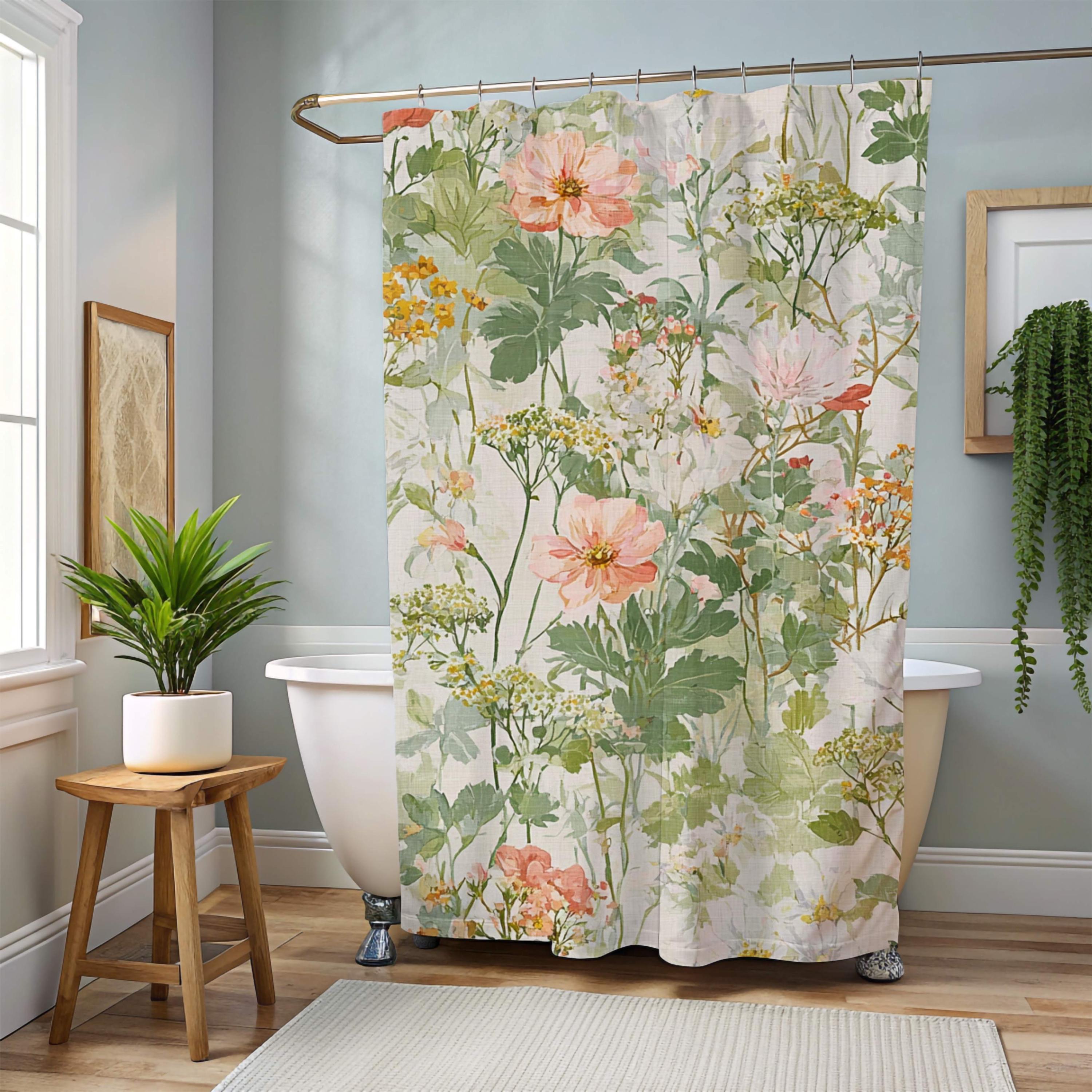 Wildflower Garden Shower Curtain, Field Floral Bath Curtain, Botanical Meadow Print Bathroom Decor, Soft Nature Patterned Curtain 71x74