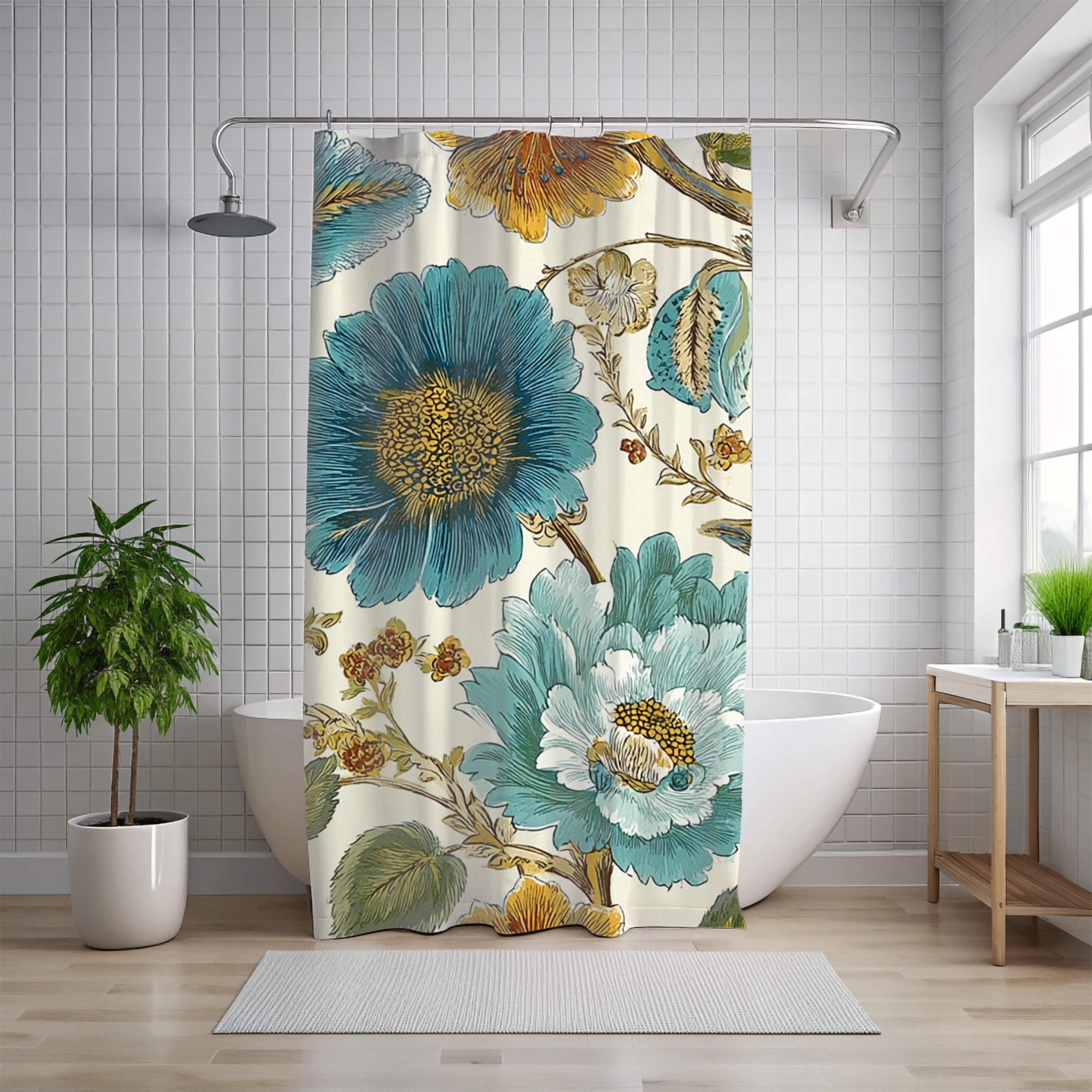 Teal Gold Floral Shower Curtain, Large Botanical Flower Bath Curtain, Vintage Style Bloom Print, Artistic Bathroom Decor, 71x74 Curtain