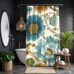 Teal Gold Floral Shower Curtain, Large Botanical Flower Bath Curtain, Vintage Style Bloom Print, Artistic Bathroom Decor, 71x74 Curtain