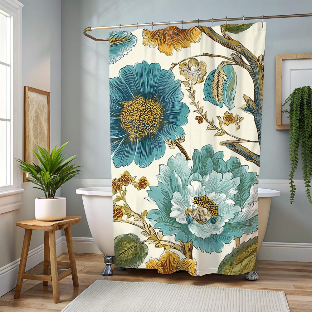 Teal Gold Floral Shower Curtain, Large Botanical Flower Bath Curtain, Vintage Style Bloom Print, Artistic Bathroom Decor, 71x74 Curtain