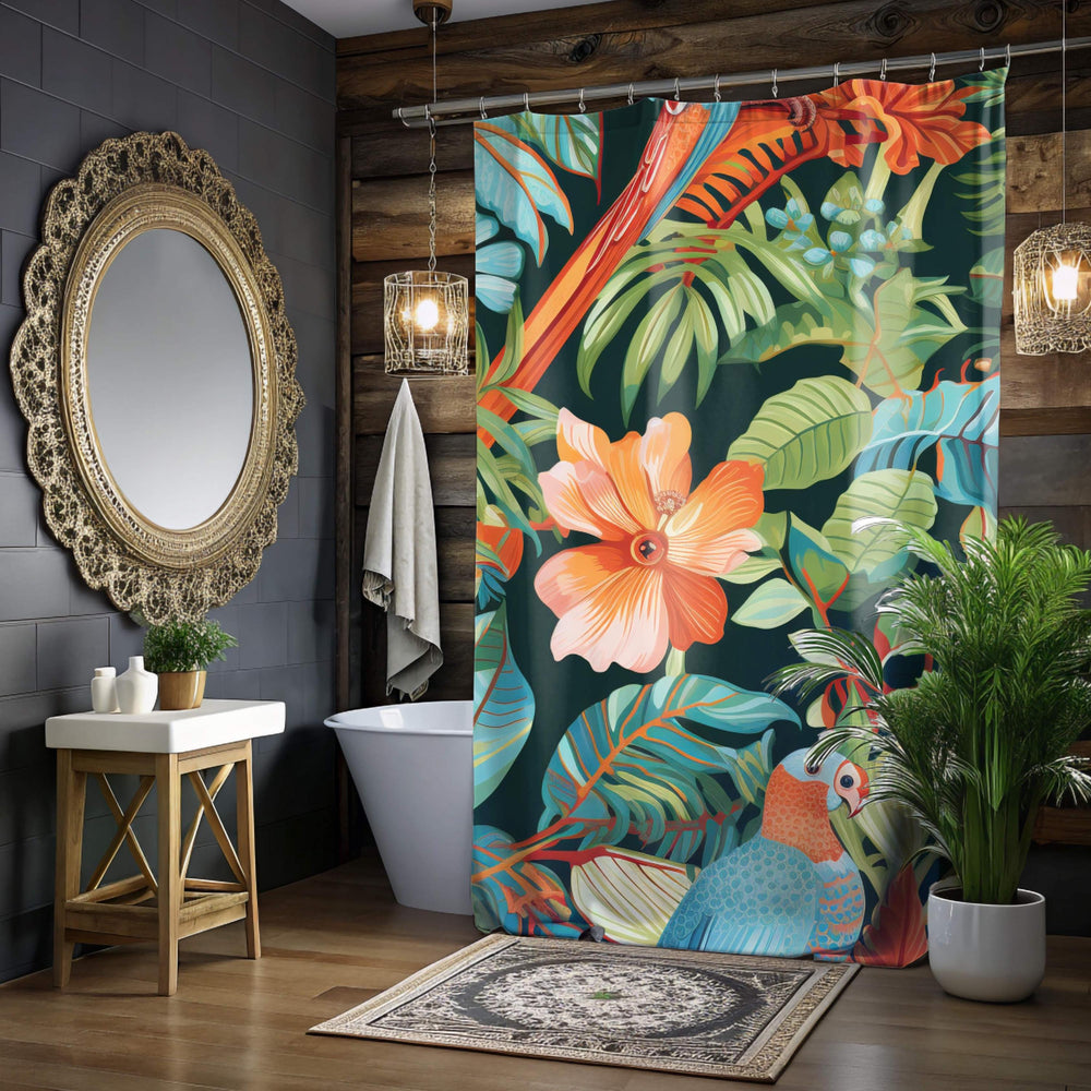 Jungle Bird Shower Curtain, Colorful Tropical Parrot Bath Decor, Exotic Rainforest Art Print Curtain, Tropical Bathroom Accent 71x74