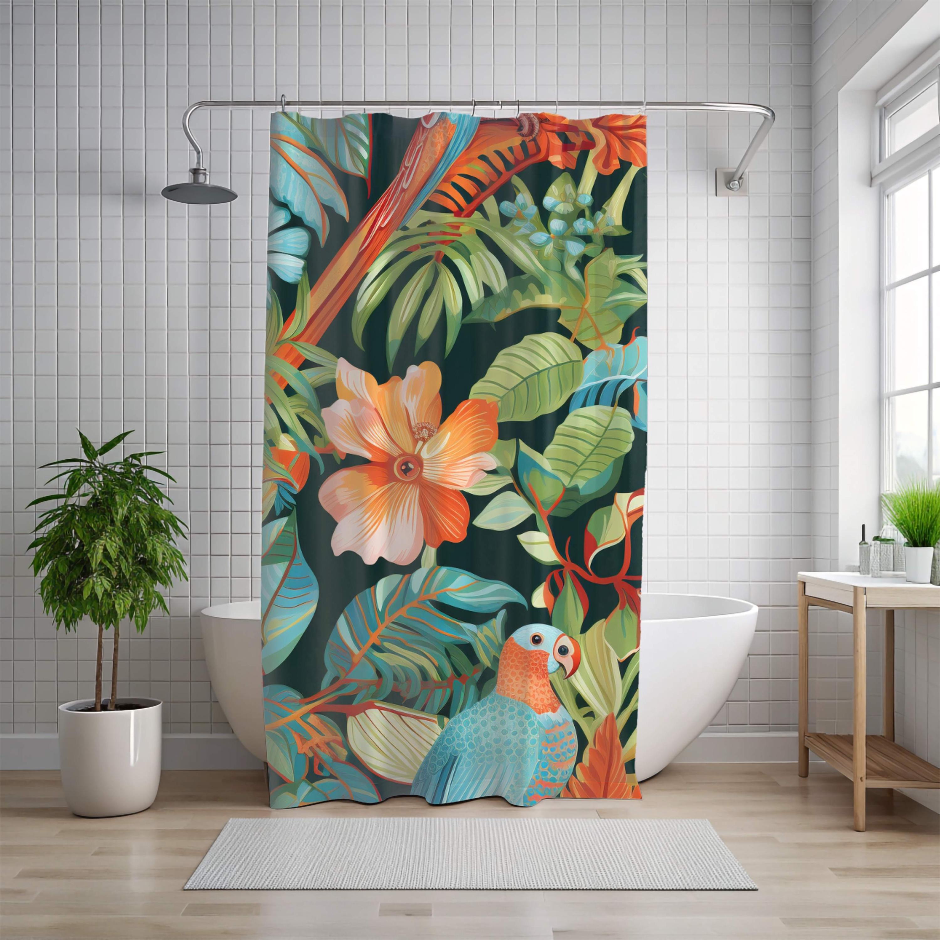 Jungle Bird Shower Curtain, Colorful Tropical Parrot Bath Decor, Exotic Rainforest Art Print Curtain, Tropical Bathroom Accent 71x74