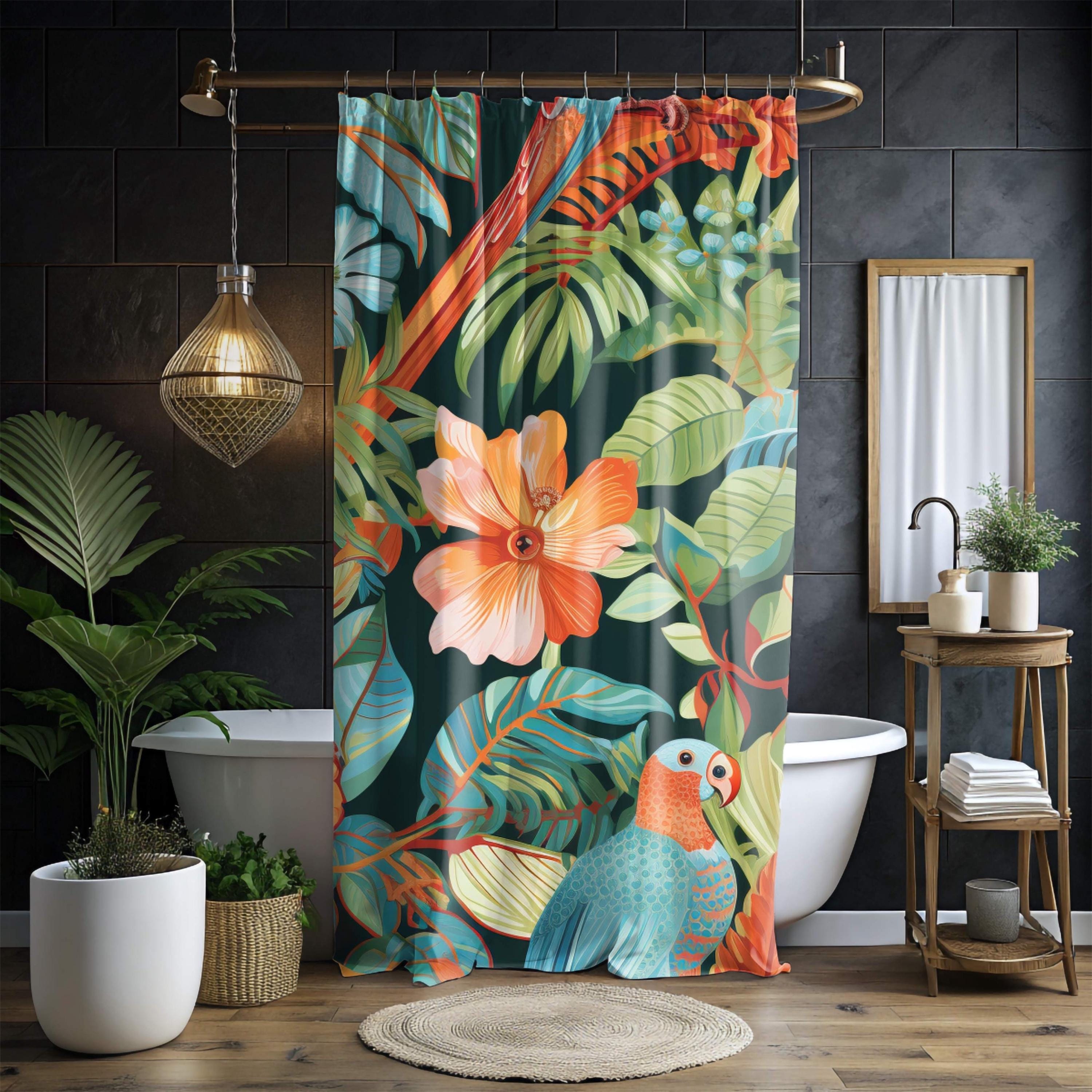 Jungle Bird Shower Curtain, Colorful Tropical Parrot Bath Decor, Exotic Rainforest Art Print Curtain, Tropical Bathroom Accent 71x74