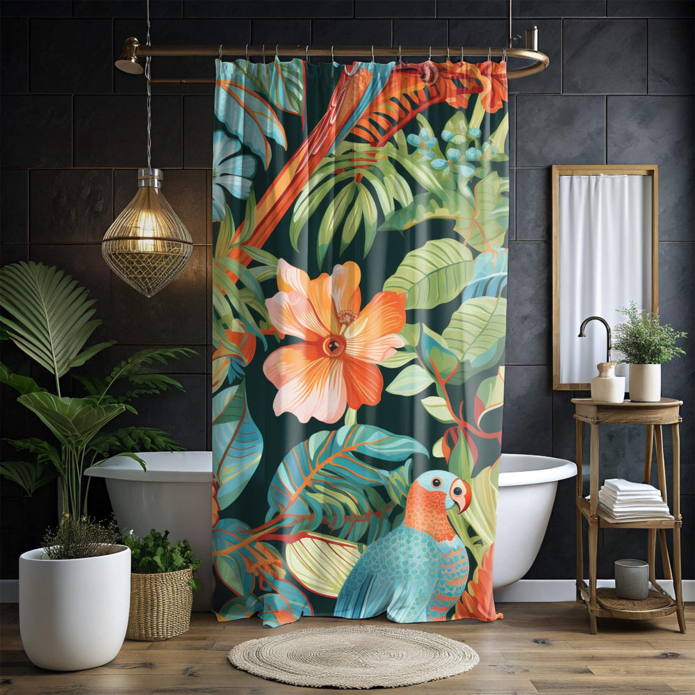 Jungle Bird Shower Curtain, Colorful Tropical Parrot Bath Decor, Exotic Rainforest Art Print Curtain, Tropical Bathroom Accent 71x74