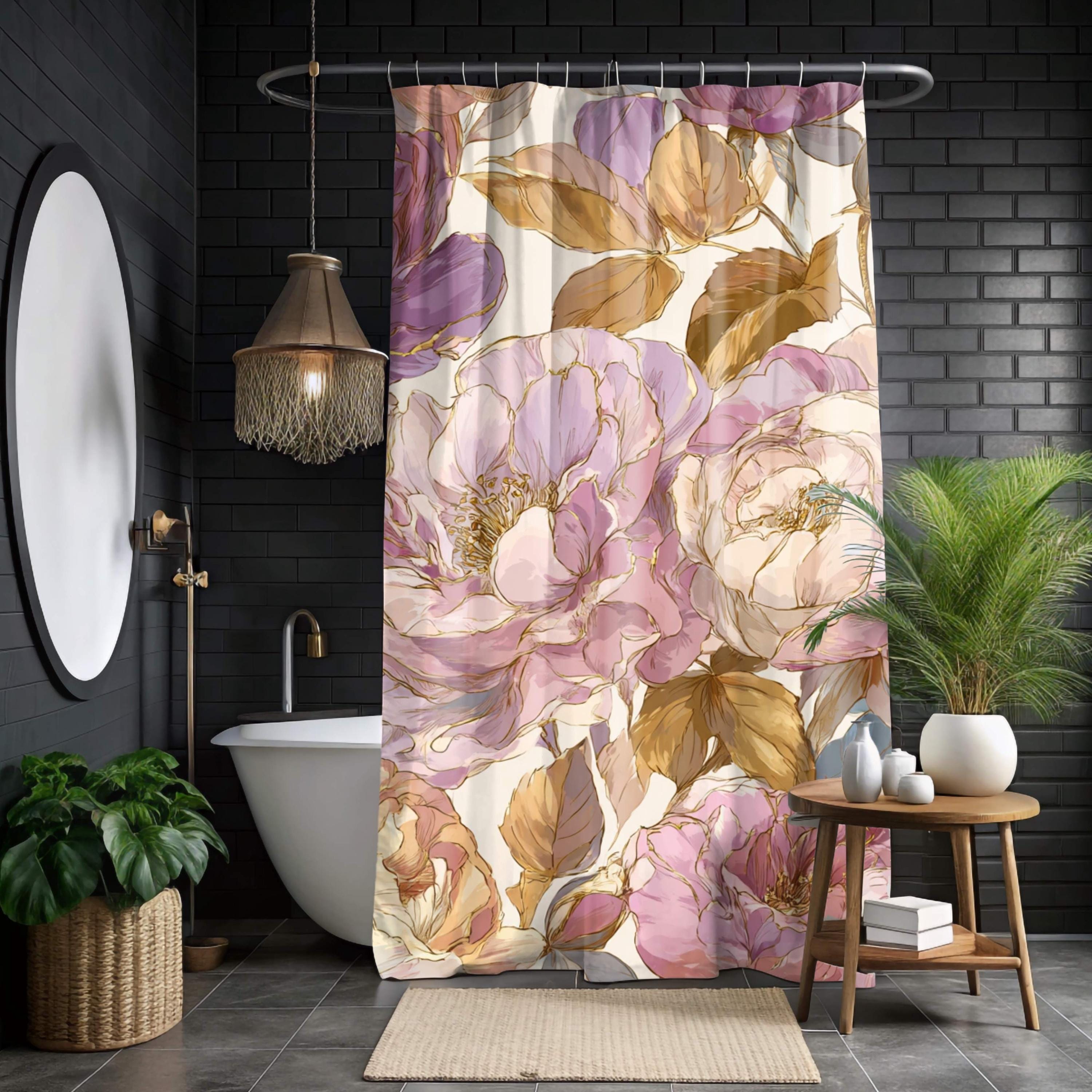 Blush Gold Peony Shower Curtain, Romantic Floral Bathroom Decor, Vintage Pink Flower Art Curtain, Elegant Botanical Bath Accent 71x74