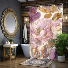 Blush Gold Peony Shower Curtain, Romantic Floral Bathroom Decor, Vintage Pink Flower Art Curtain, Elegant Botanical Bath Accent 71x74