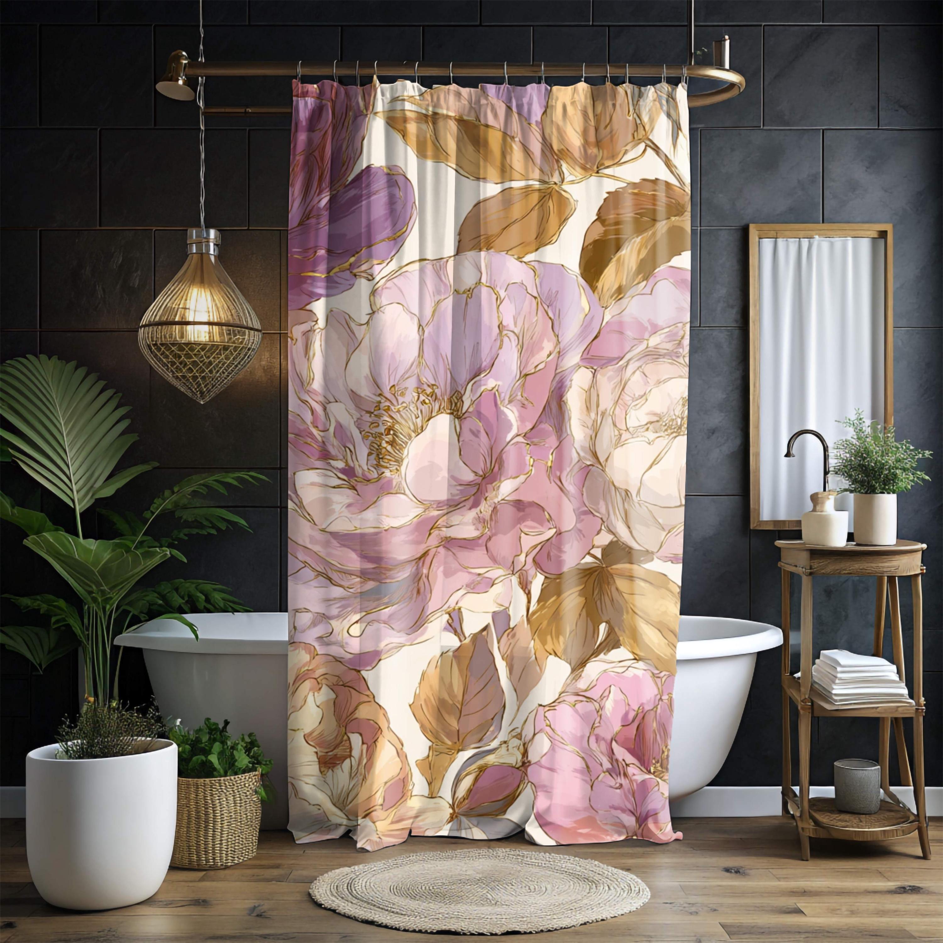 Blush Gold Peony Shower Curtain, Romantic Floral Bathroom Decor, Vintage Pink Flower Art Curtain, Elegant Botanical Bath Accent 71x74